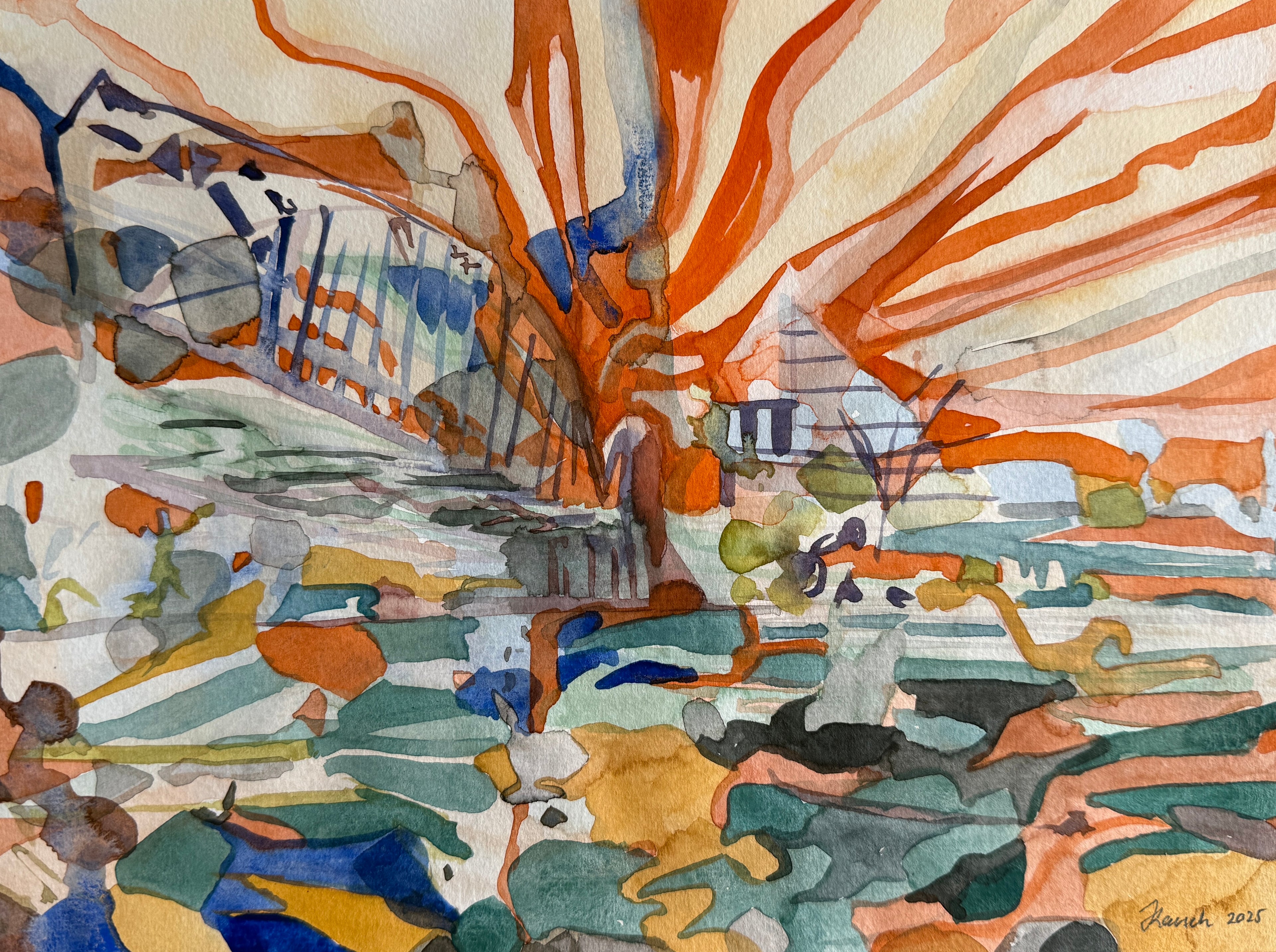 Orange cityscape, watercolors on paper, original artwork