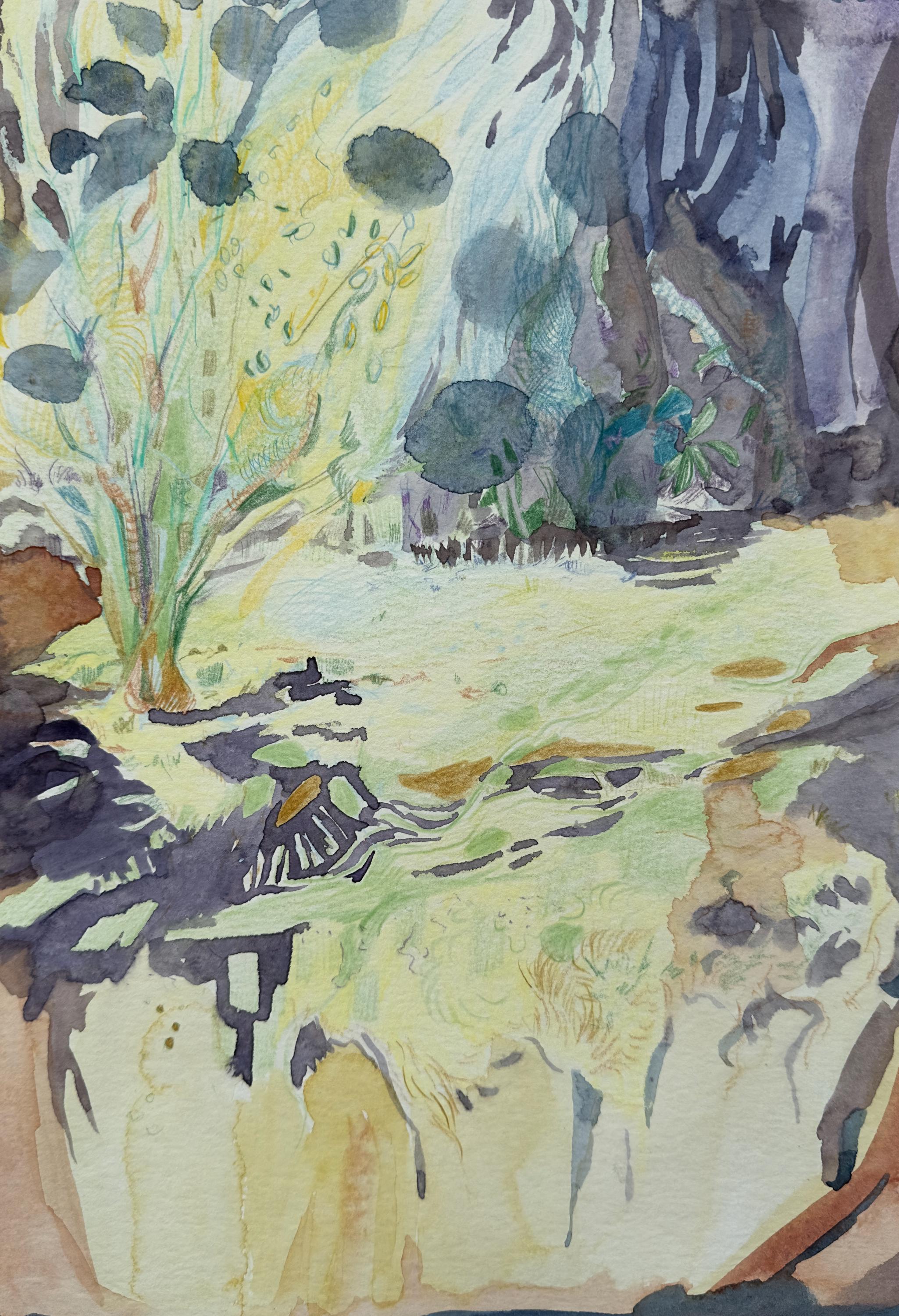 Morning, landscape drawing, pencils and watercolors on paper, original