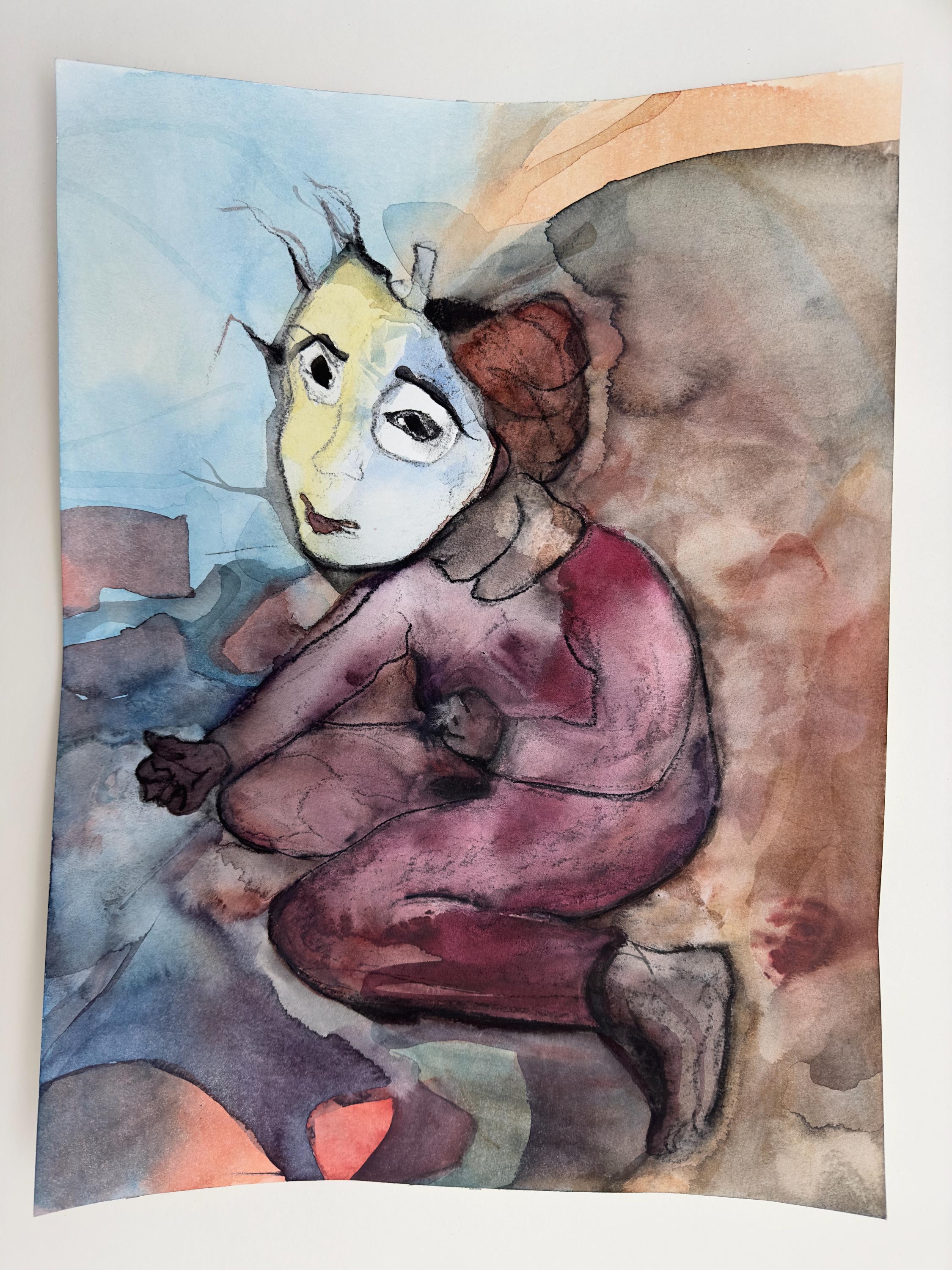 Portrait with Mask, watercolors and charcoal on paper, original art