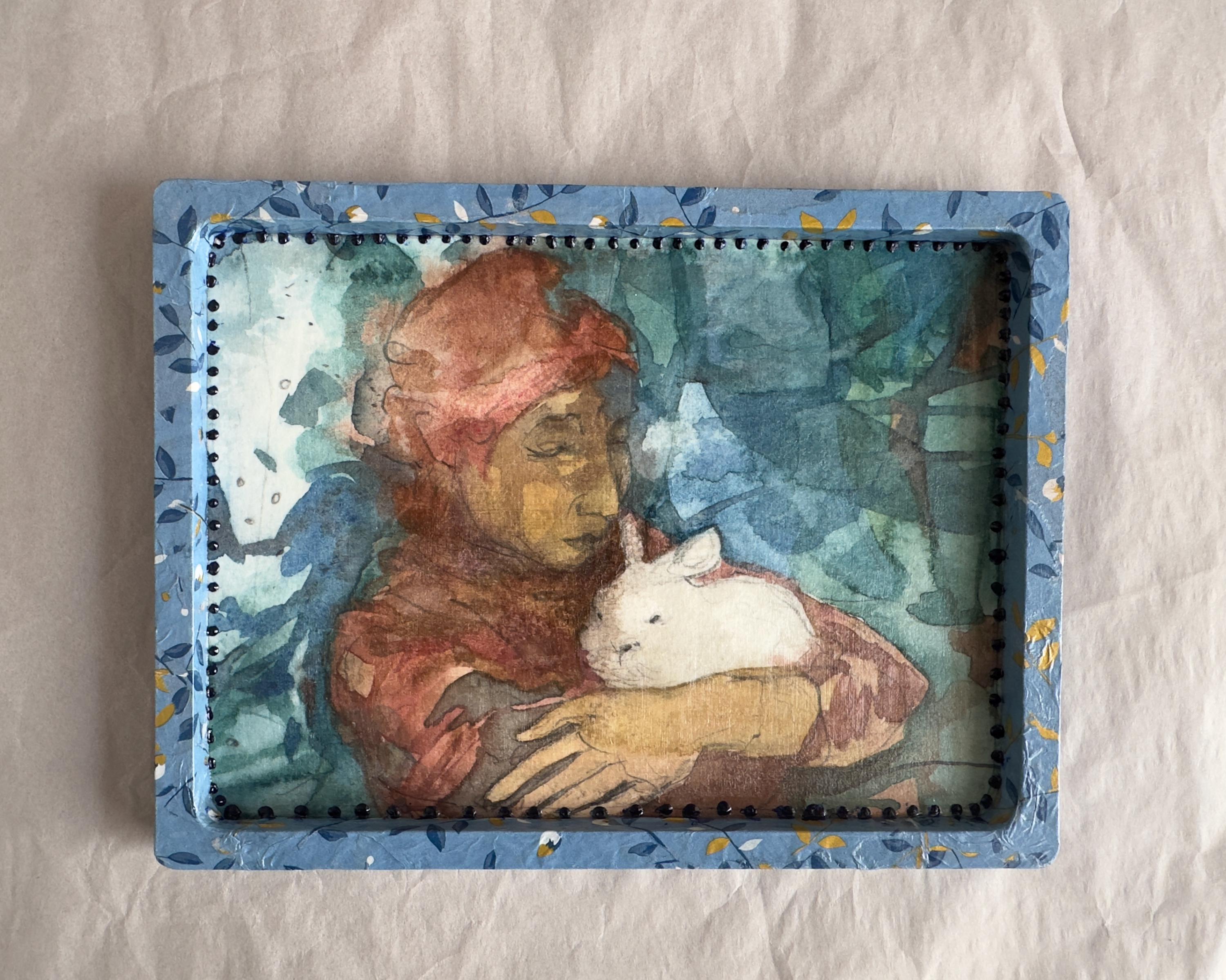 Portrait with a Rabbit, watercolor drawing in a decoupage frame