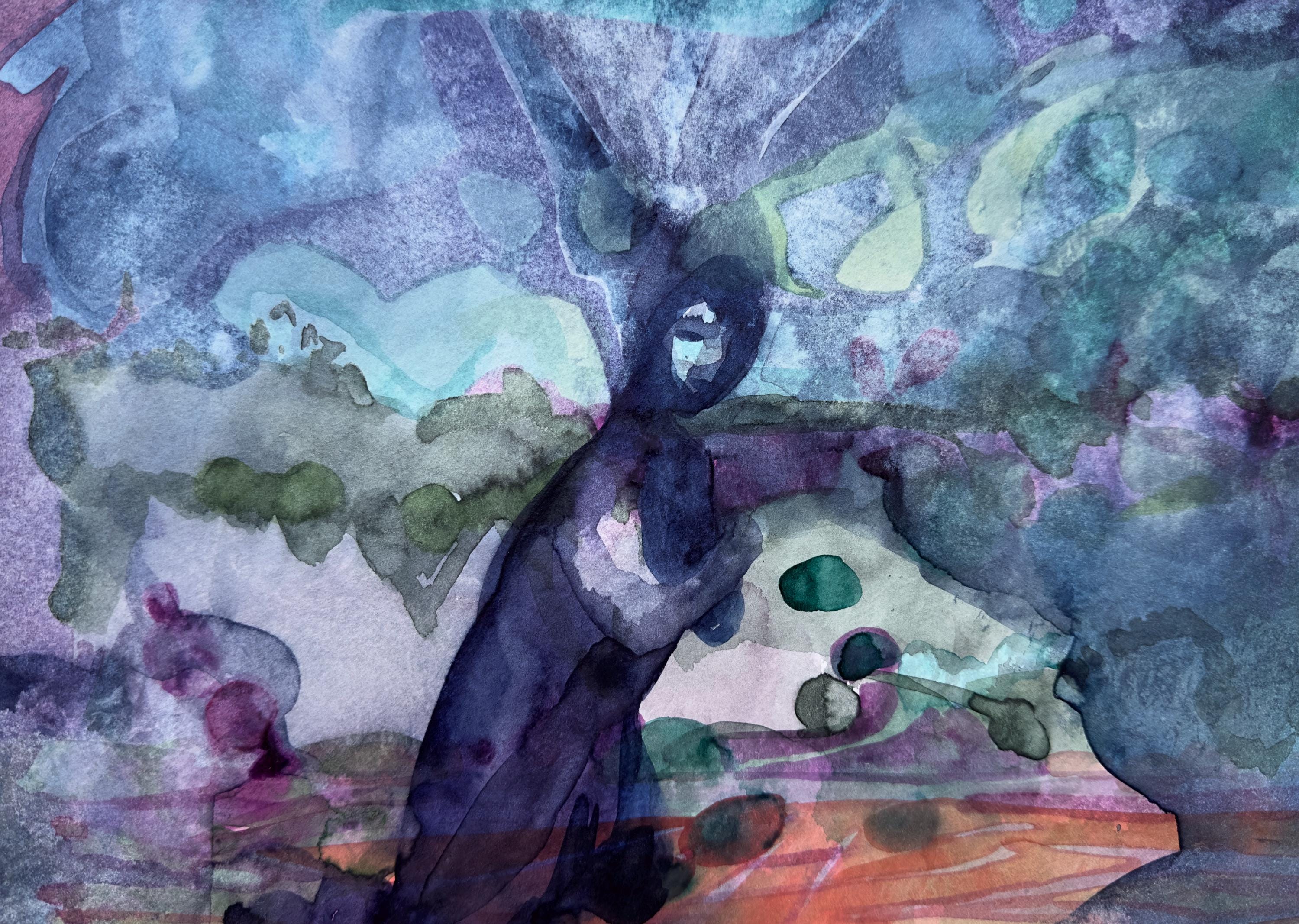 Blue and Violet, female portrait, watercolors on paper, original work