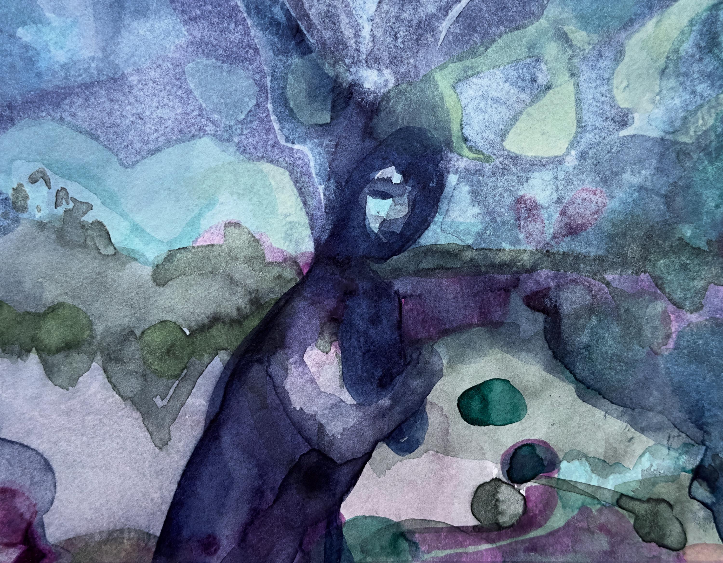 Blue and Violet, female portrait, watercolors on paper, original work