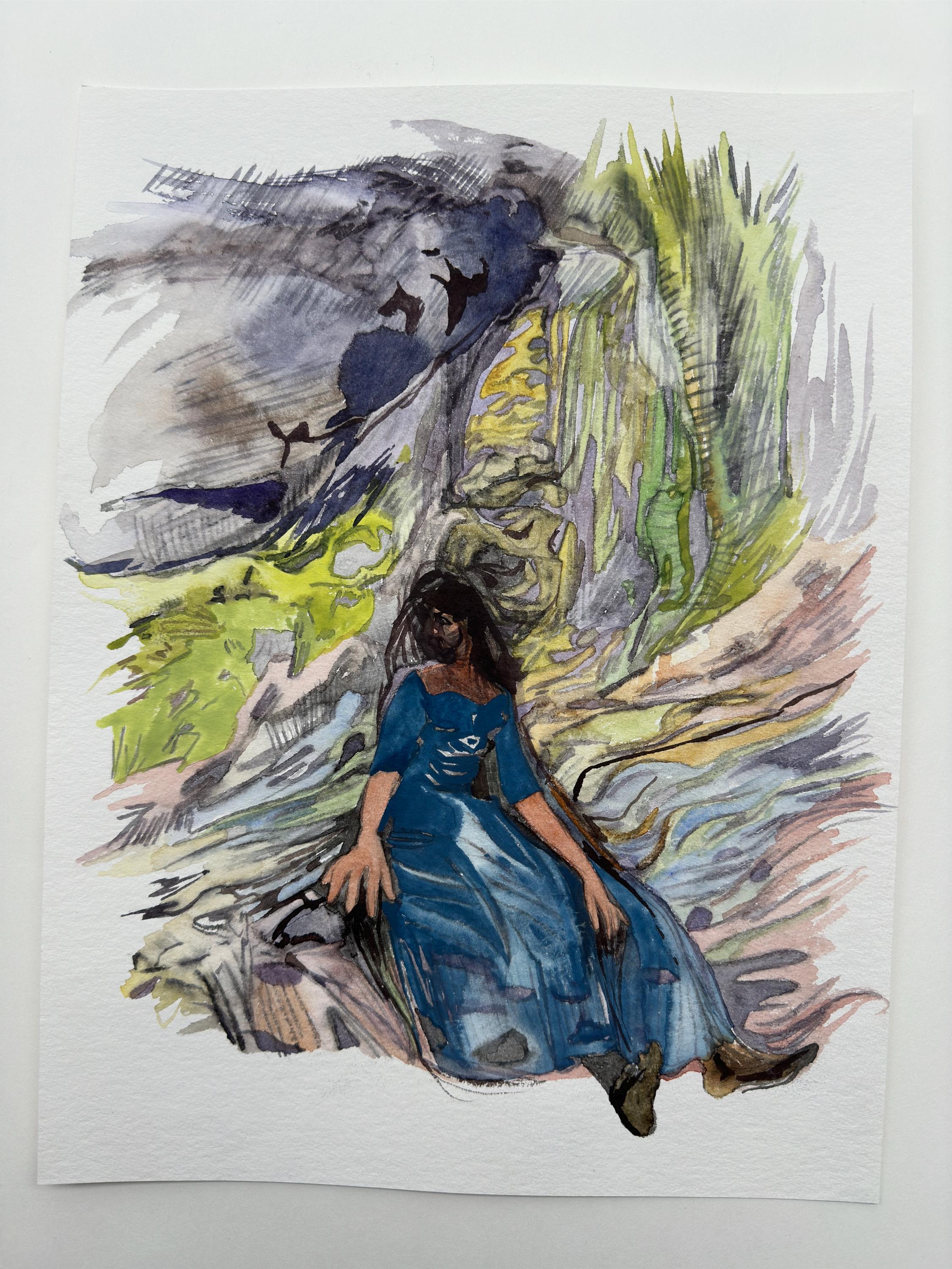 Portrait with Hands, gouache & watercolors on paper, original work