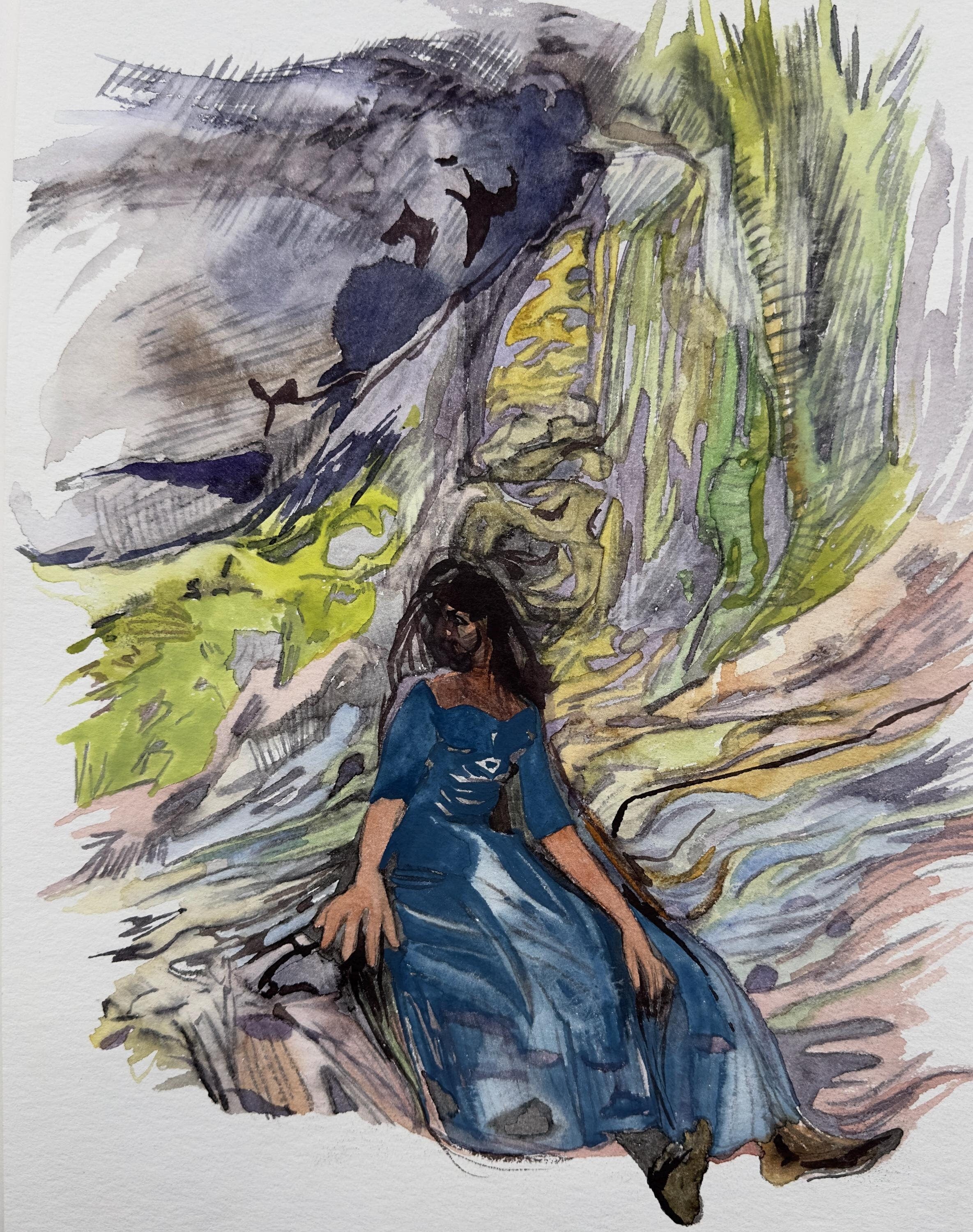 Portrait with Hands, gouache & watercolors on paper, original work