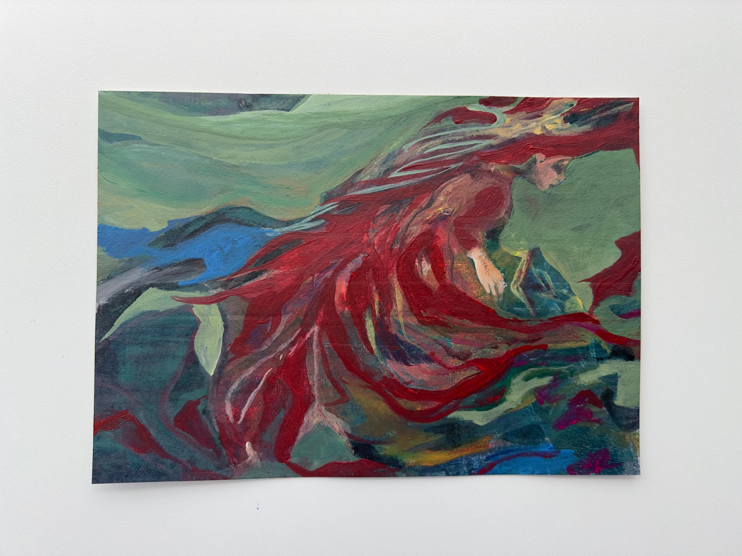 Red scarf, female portrait, acrylic on paper, original