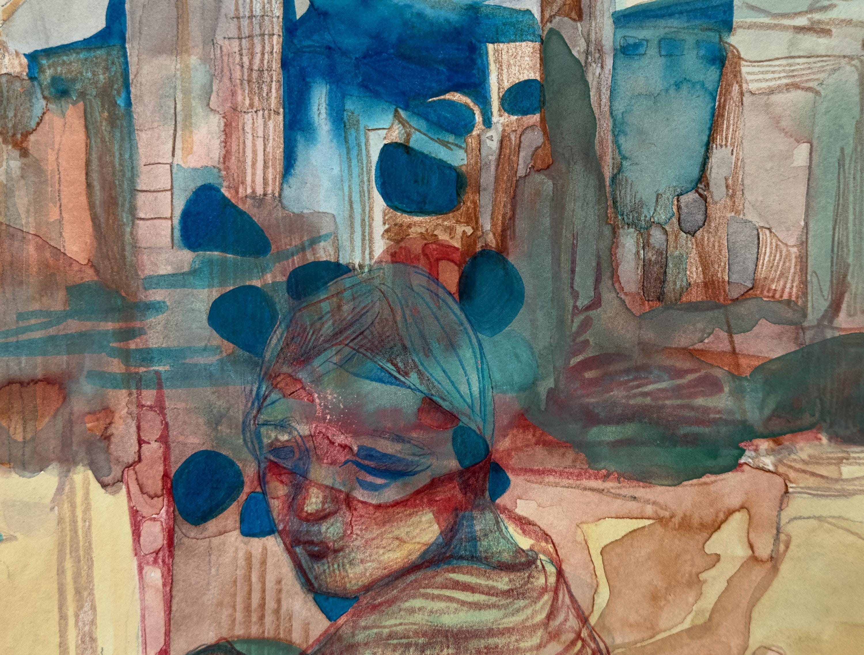 Woman's Portrait, original drawing, watercolors and pencils on paper