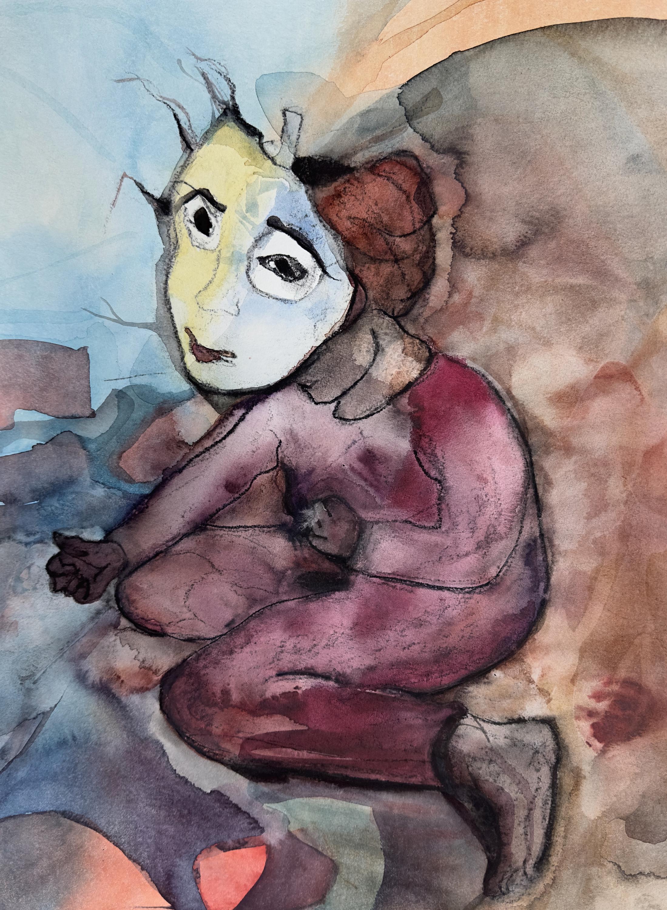 Portrait with Mask, watercolors and charcoal on paper, original art