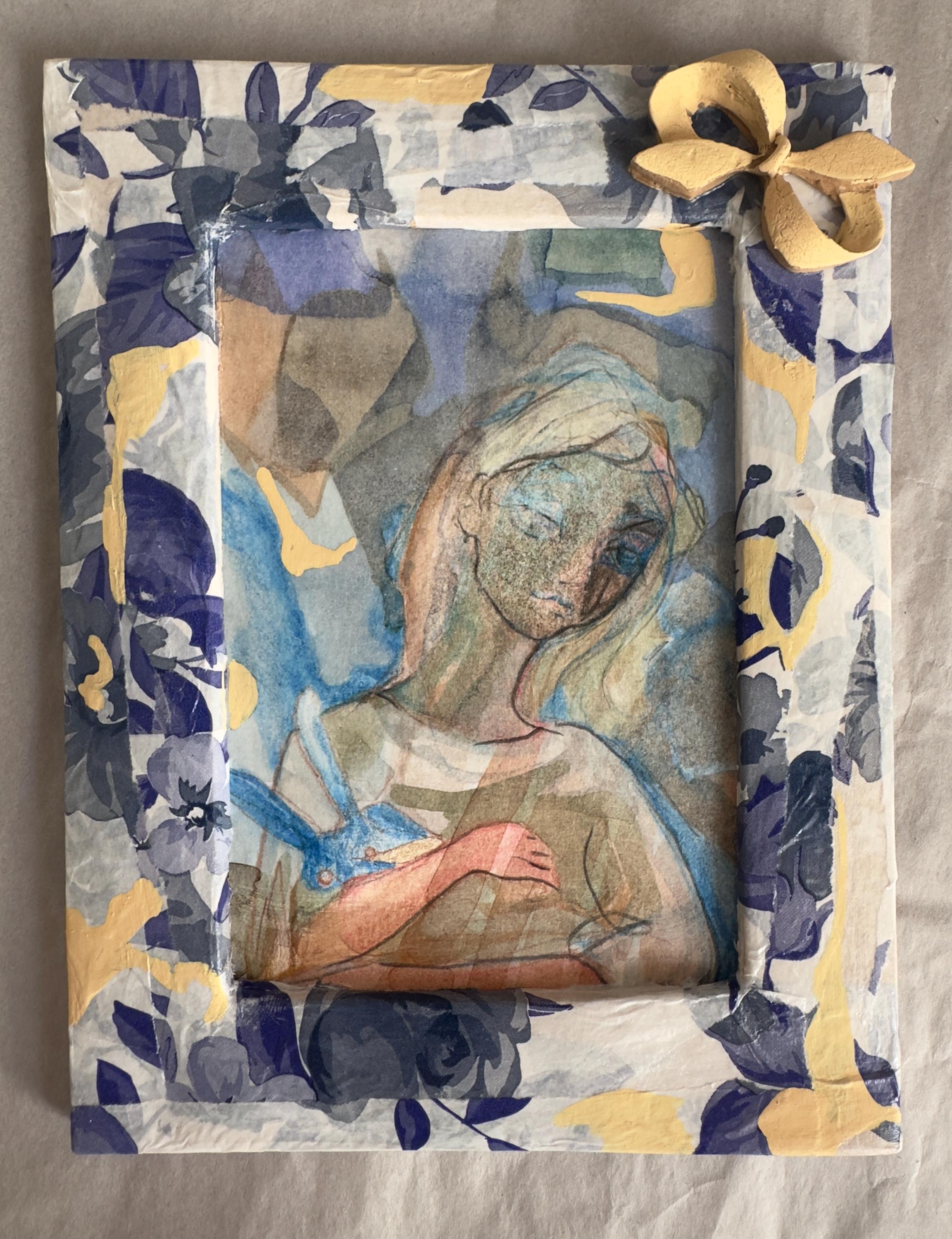 Girl with a Rabitt, small watercolor drawing in a decoupage frame, original