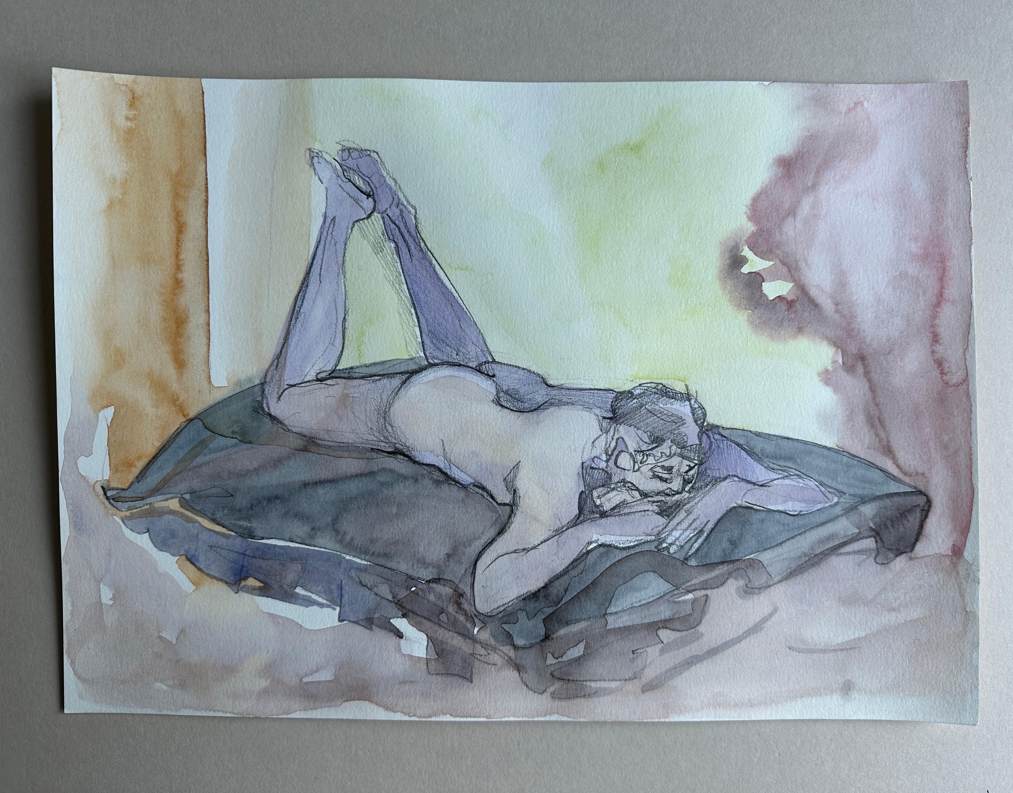 Man's Laying Figure, watercolor and pencil on paper, original