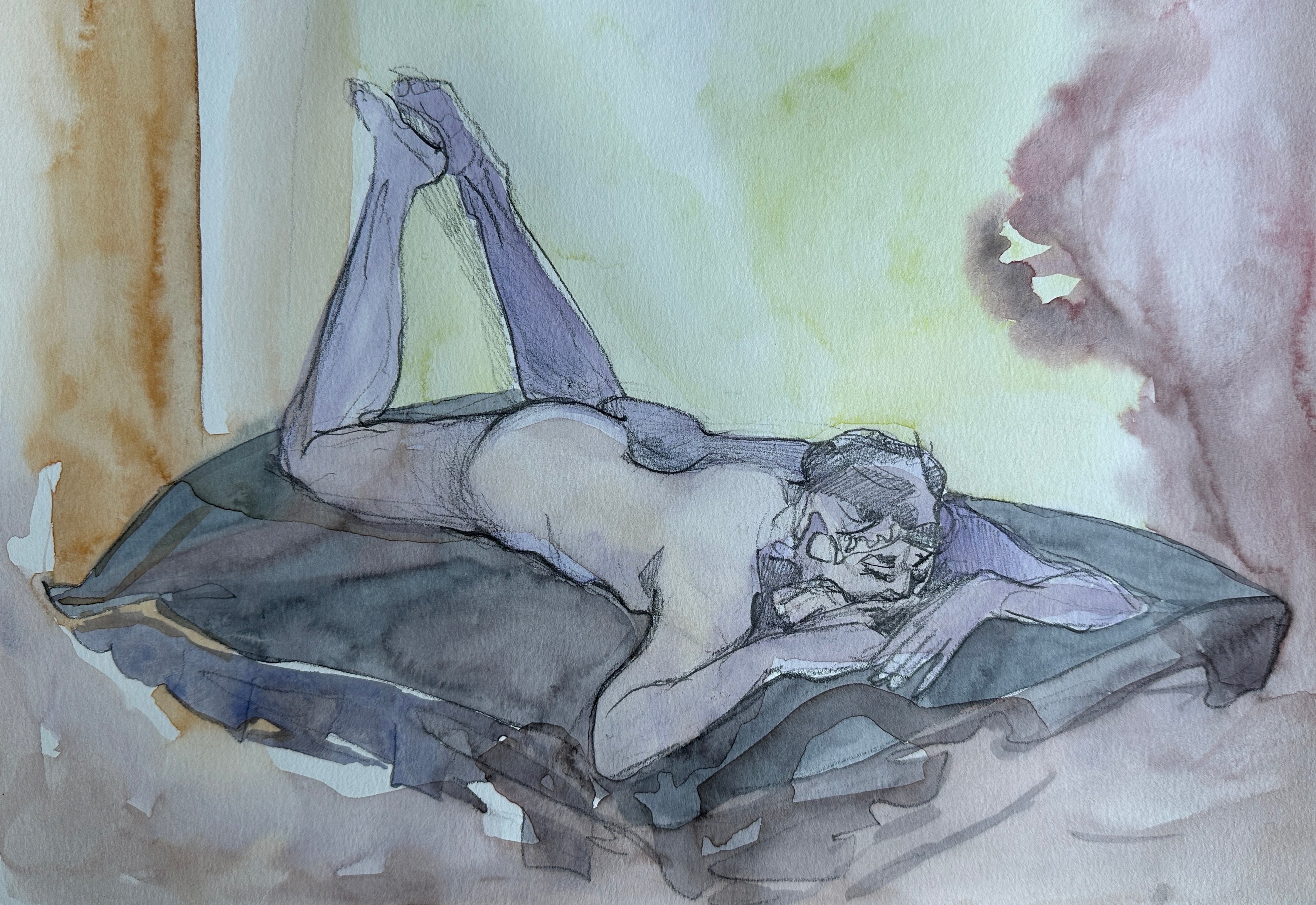 Man's Laying Figure, watercolor and pencil on paper, original