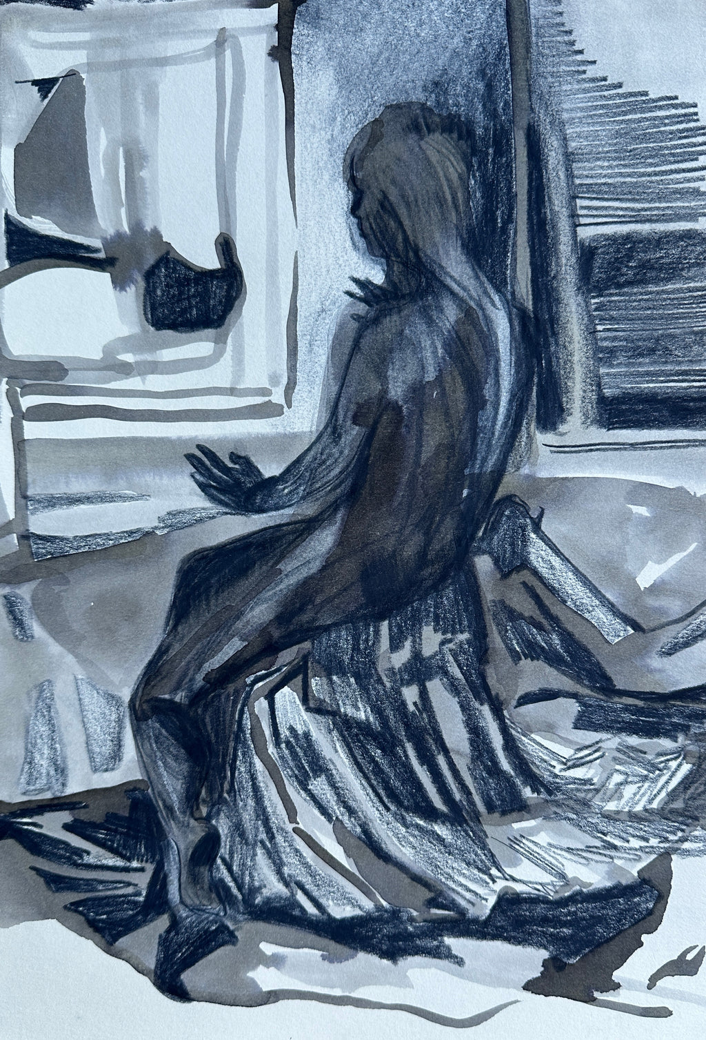 Girl's Figure, pencil and ink on paper, original