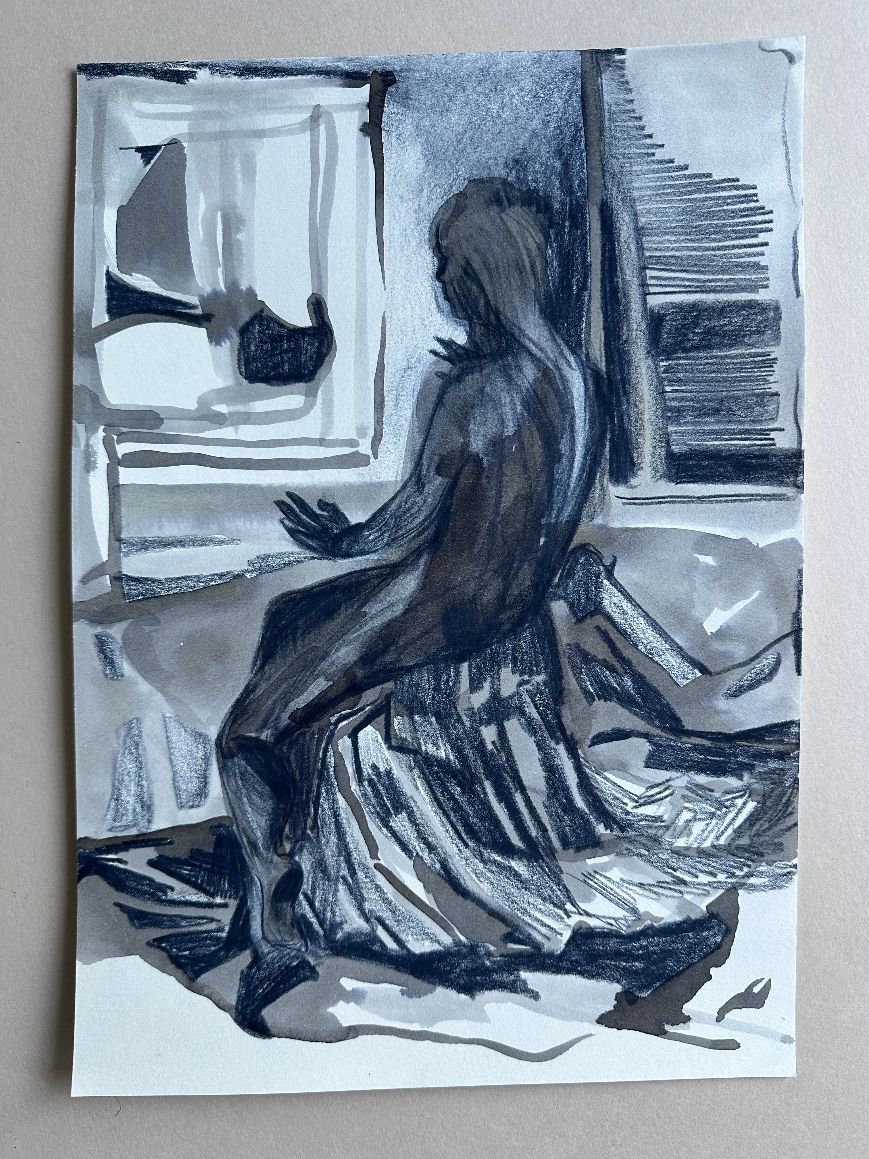 Girl's Figure, pencil and ink on paper, original