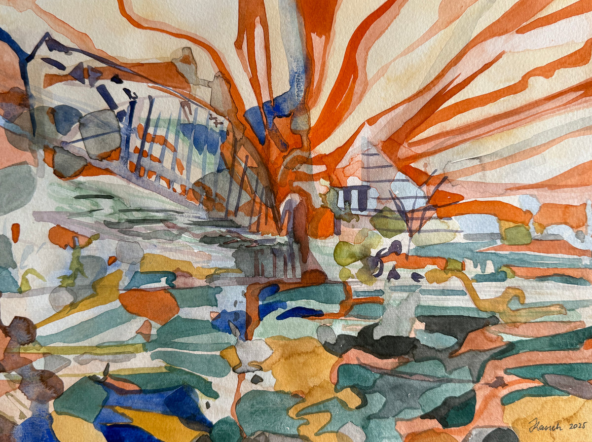 Orange cityscape, watercolors on paper, original artwork