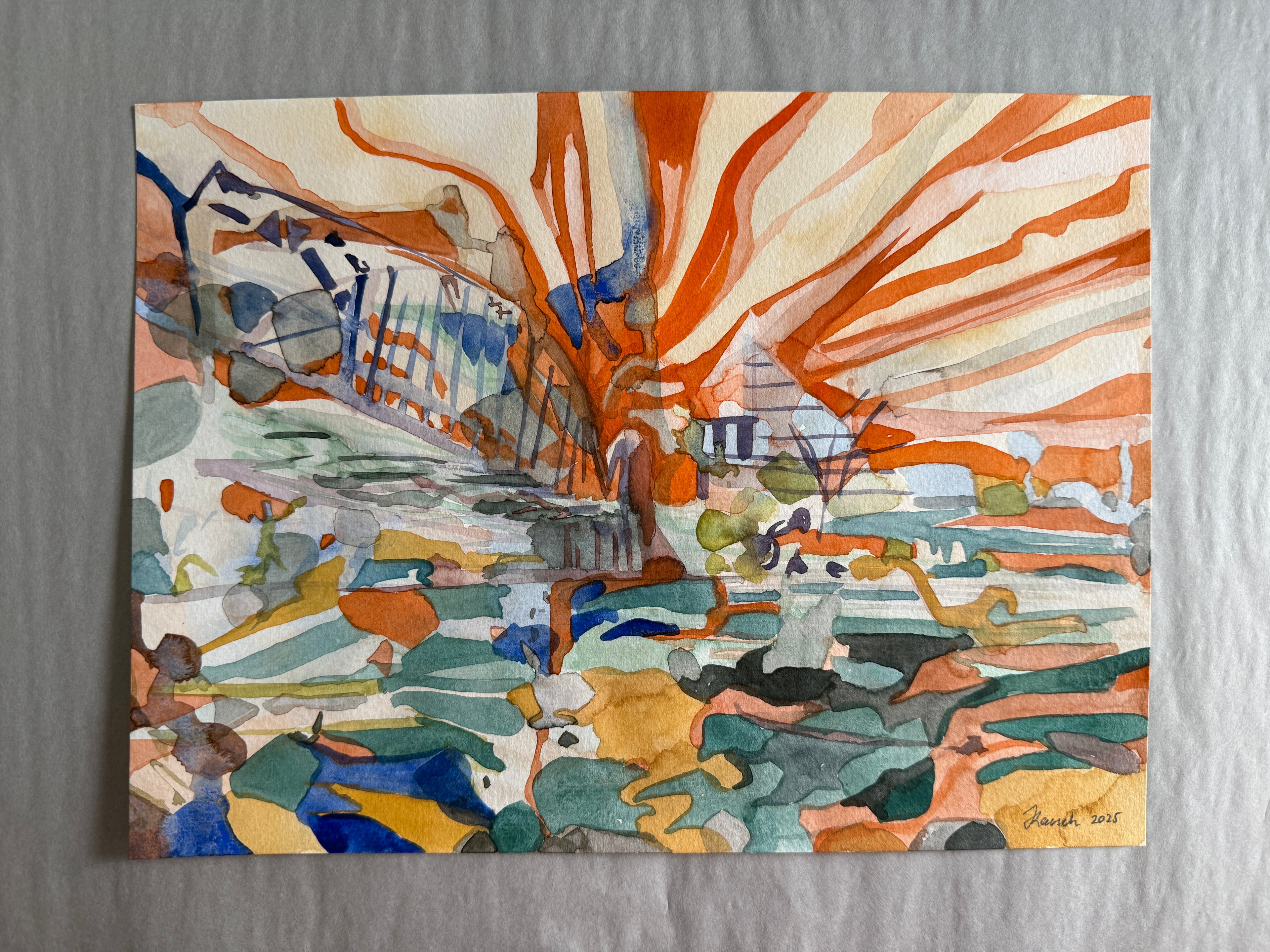 Orange cityscape, watercolors on paper, original artwork