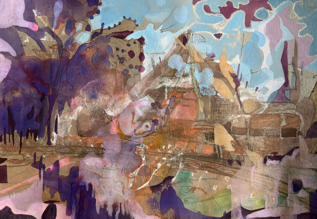 Cityscape, abstract landscape, mixed media on toned paper, original artwork