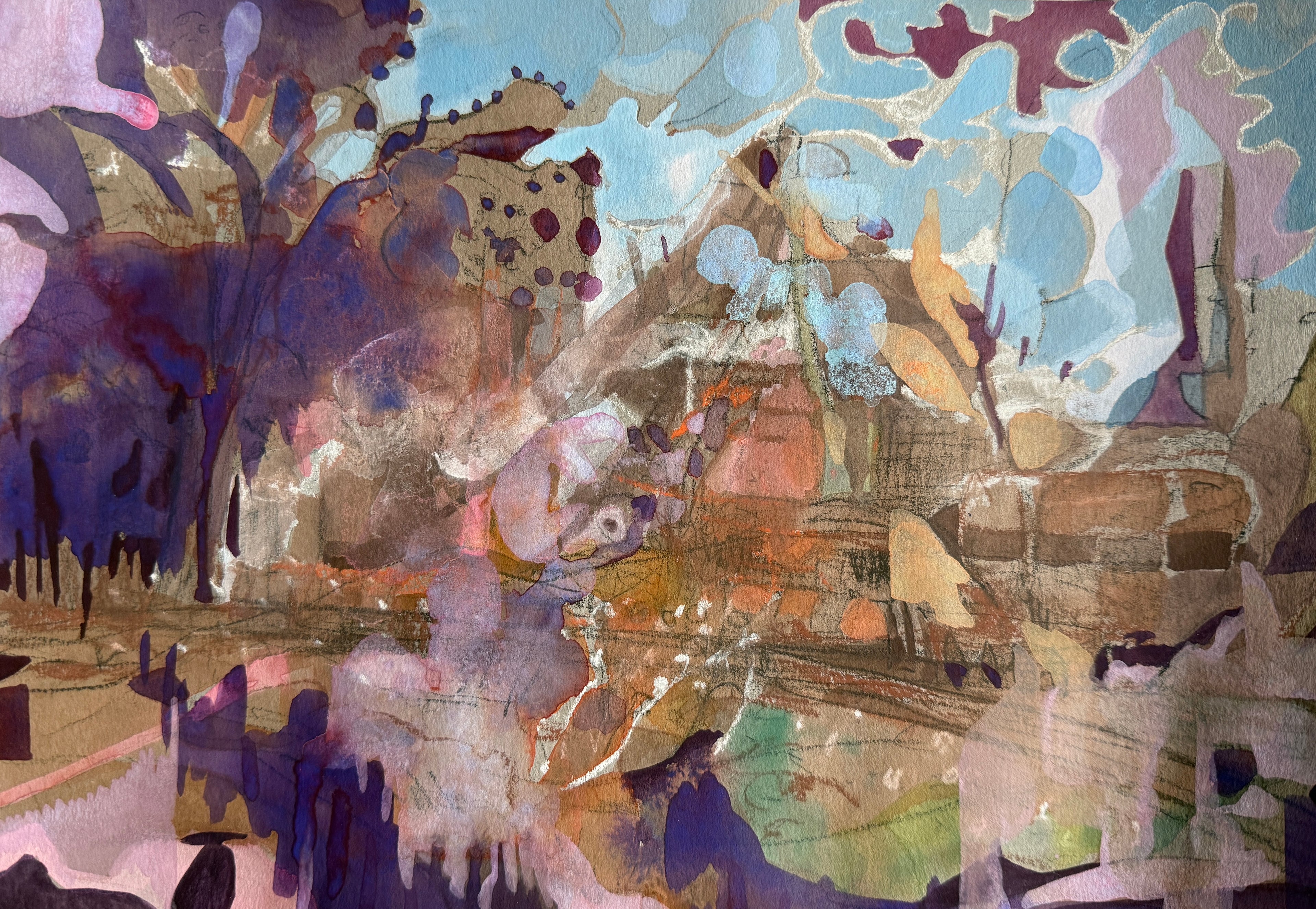 Cityscape, abstract landscape, mixed media on toned paper, original artwork