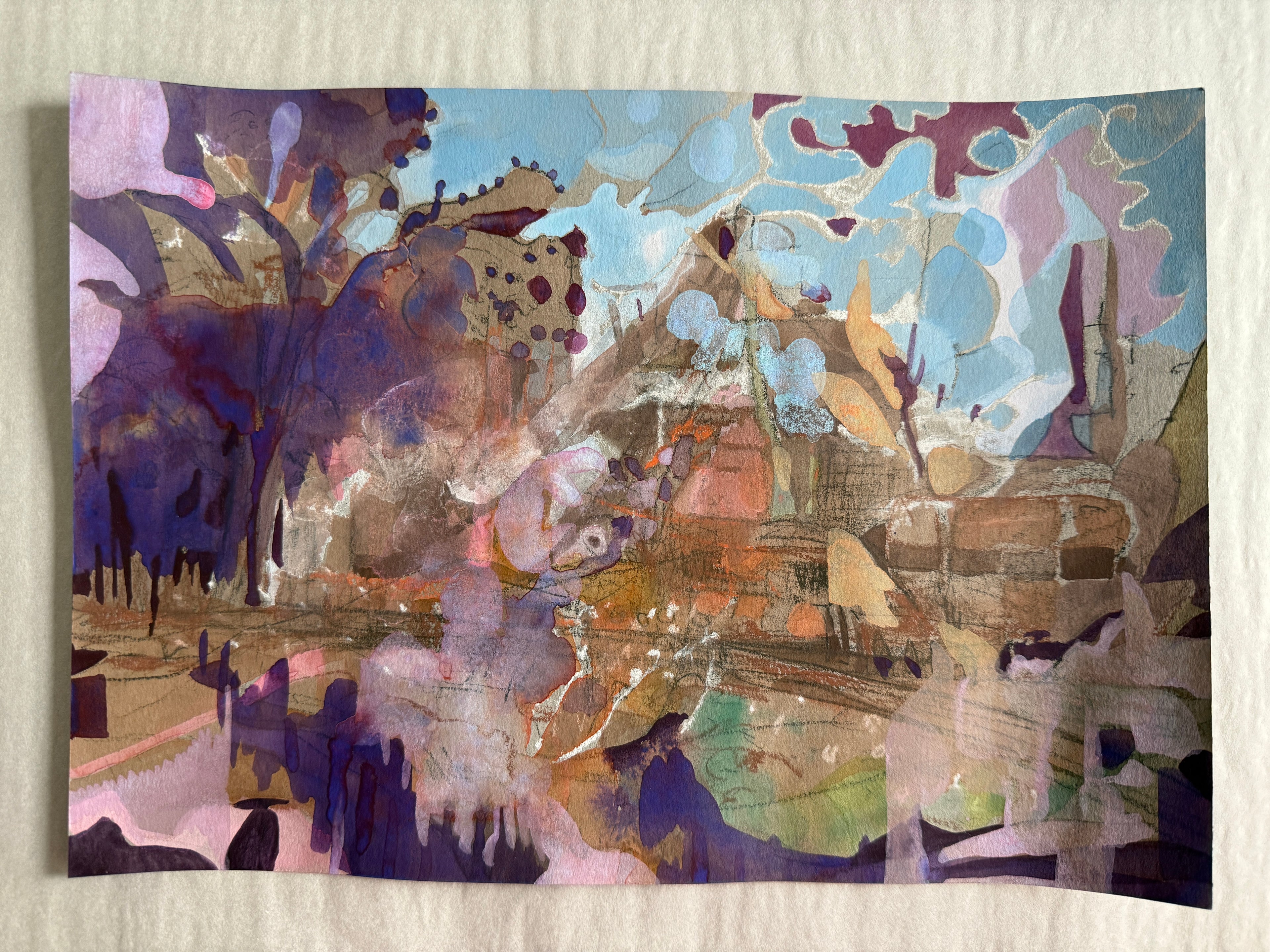Cityscape, abstract landscape, mixed media on toned paper, original artwork