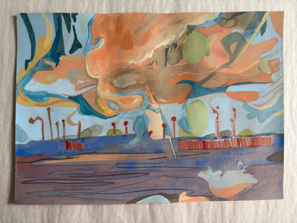 Orange sky, mixed media on grey paper, original