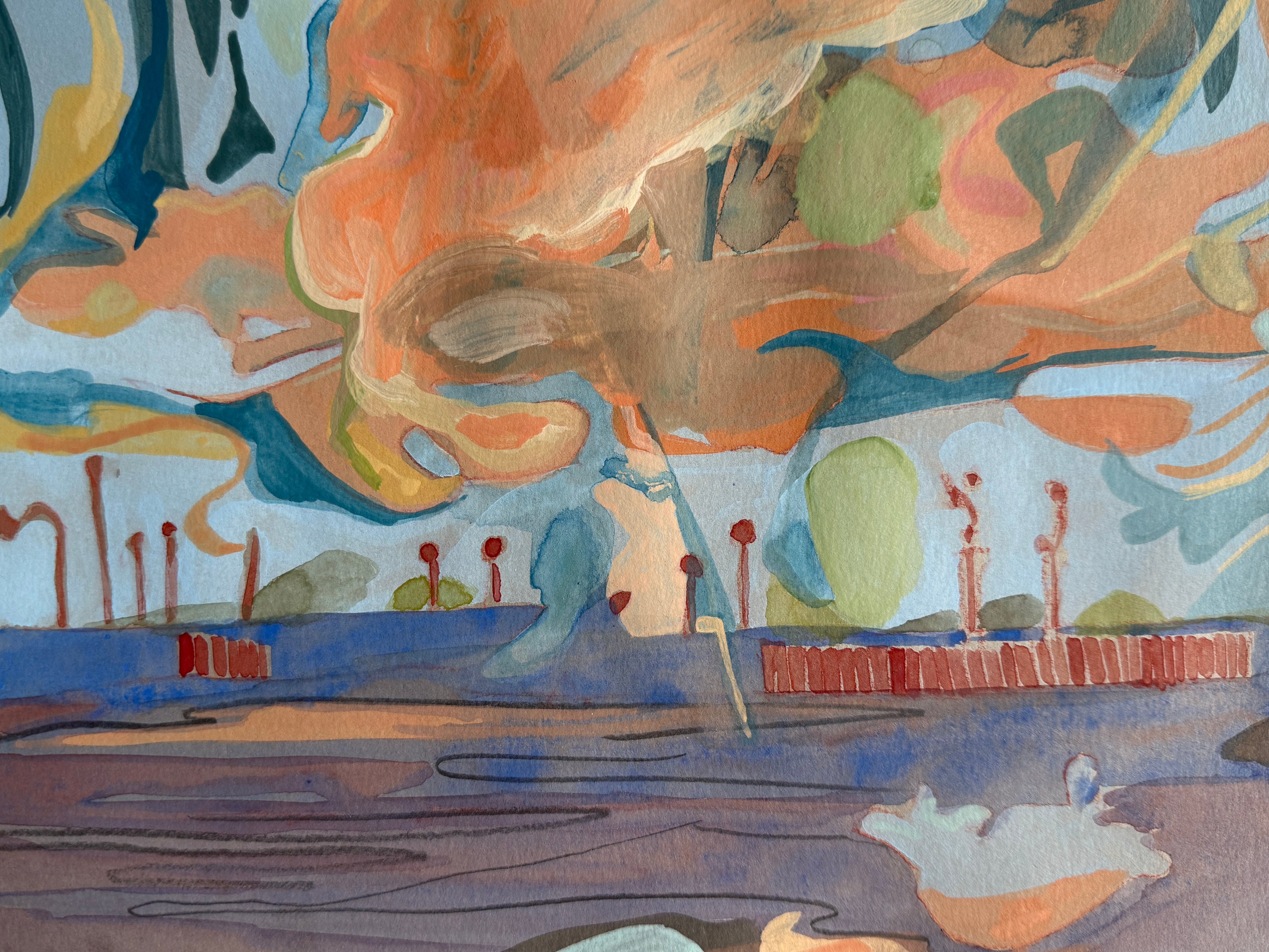 Orange sky, mixed media on grey paper, original