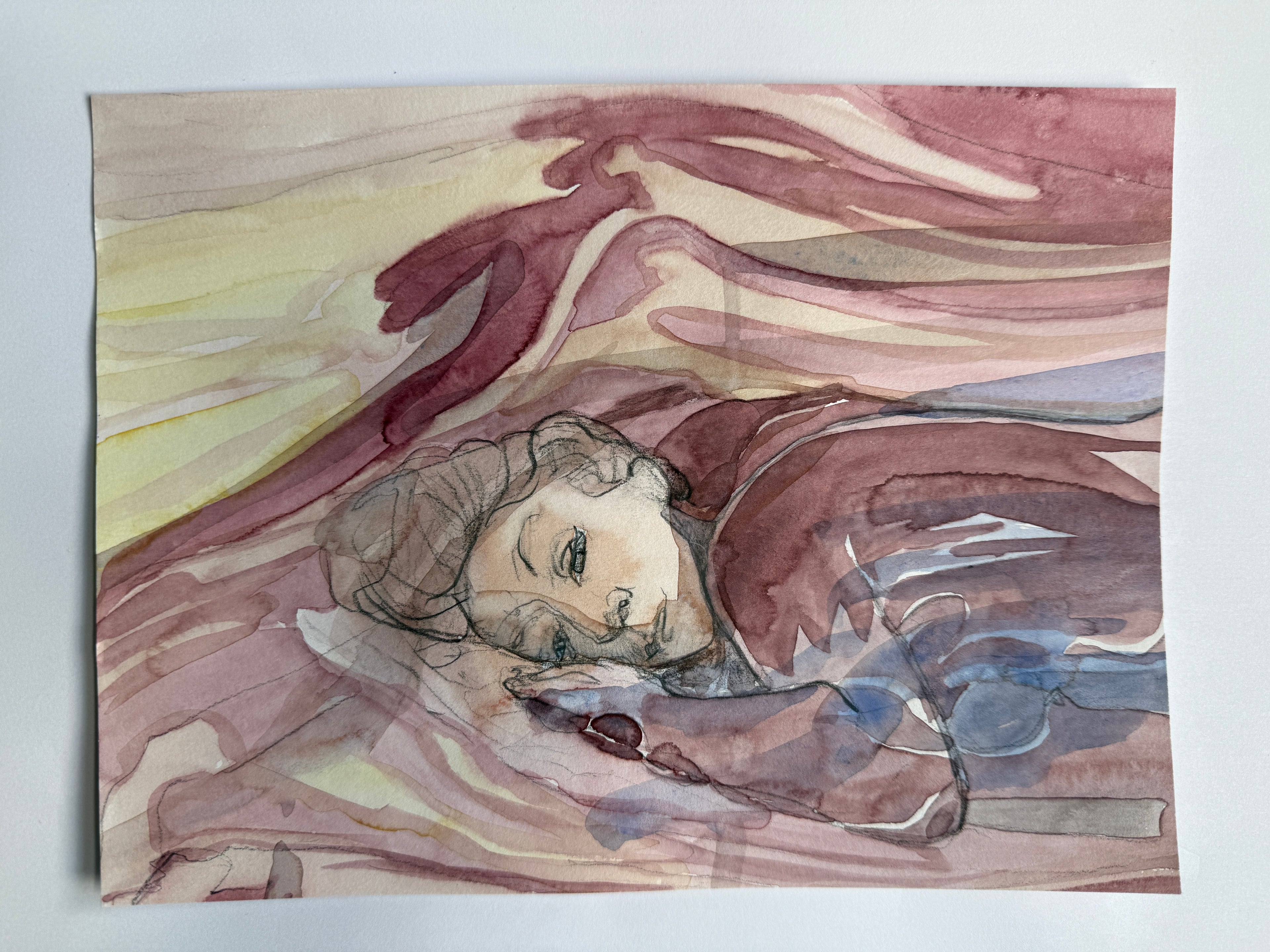 Laying woman's figure, watercolor sketch, small artwork on paper, original
