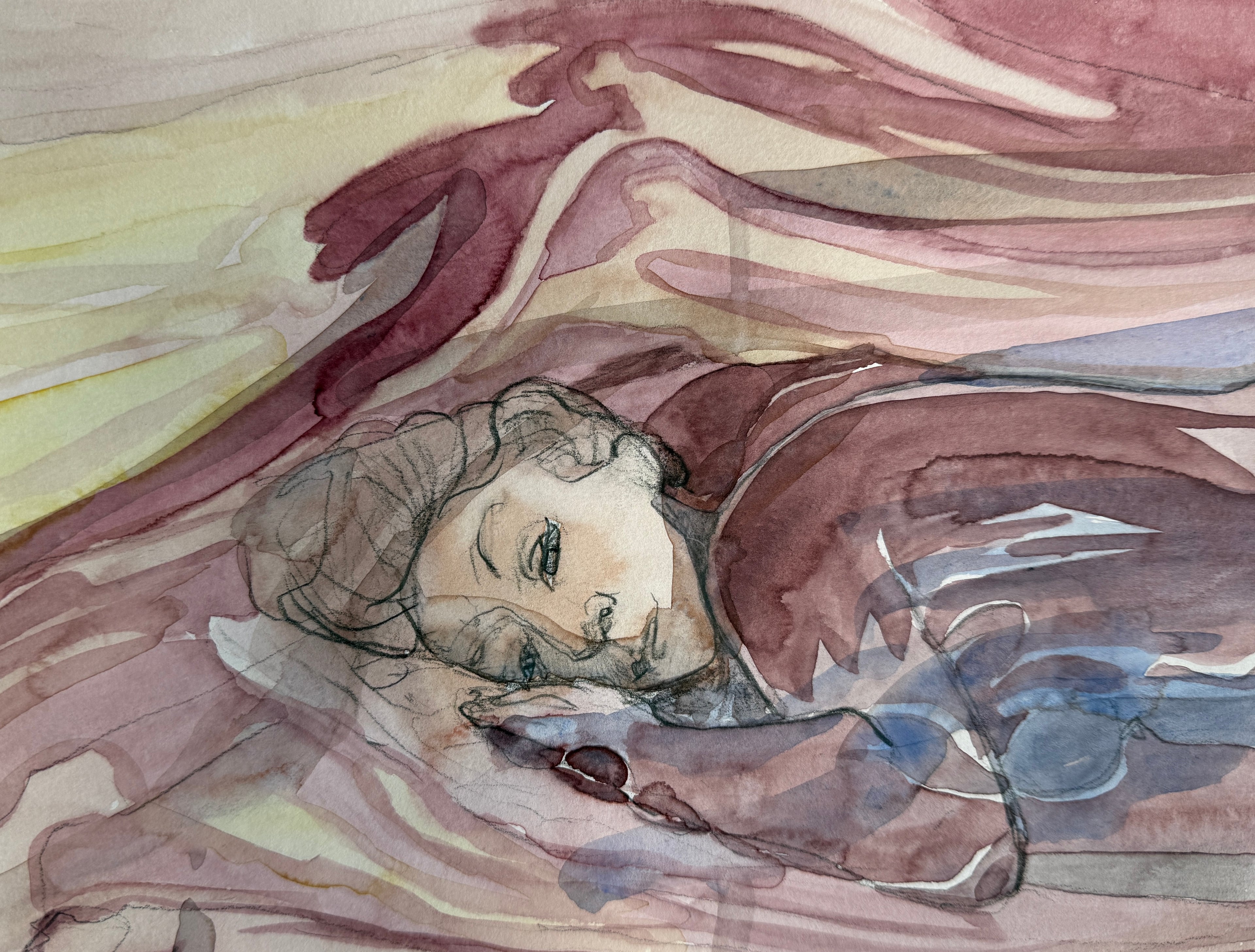 Laying woman's figure, watercolor sketch, small artwork on paper, original