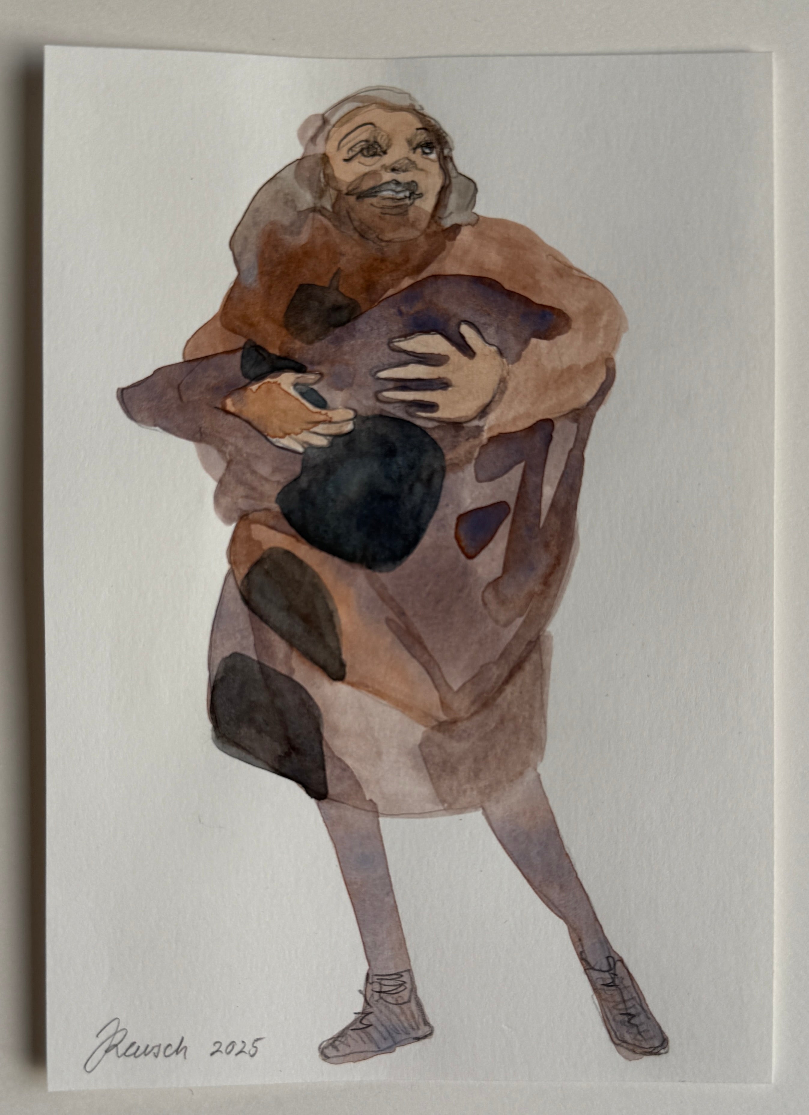 Hug, small drawing, watercolors on paper, original art on paper