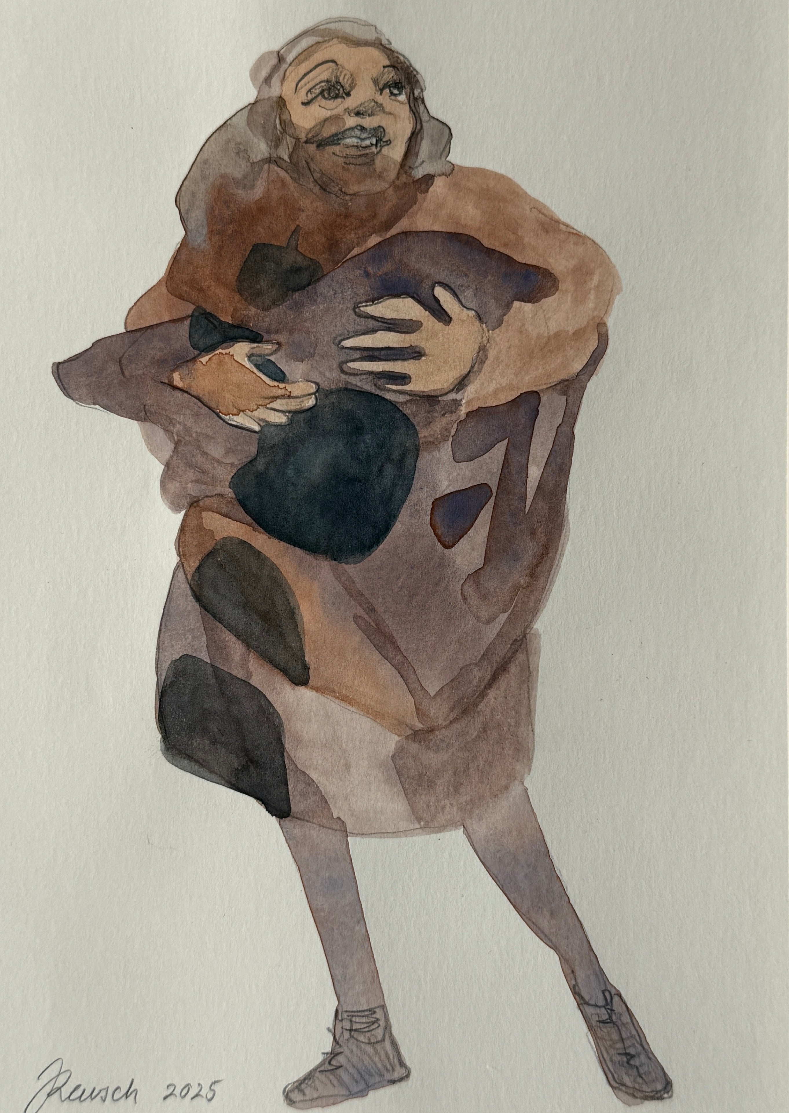 Hug, small drawing, watercolors on paper, original art on paper