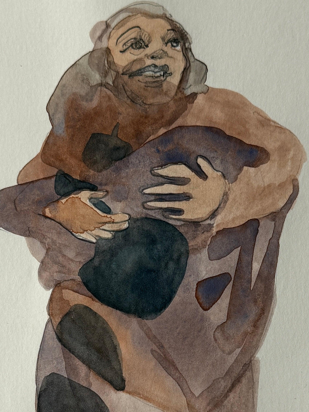 Hug, small drawing, watercolors on paper, original art on paper