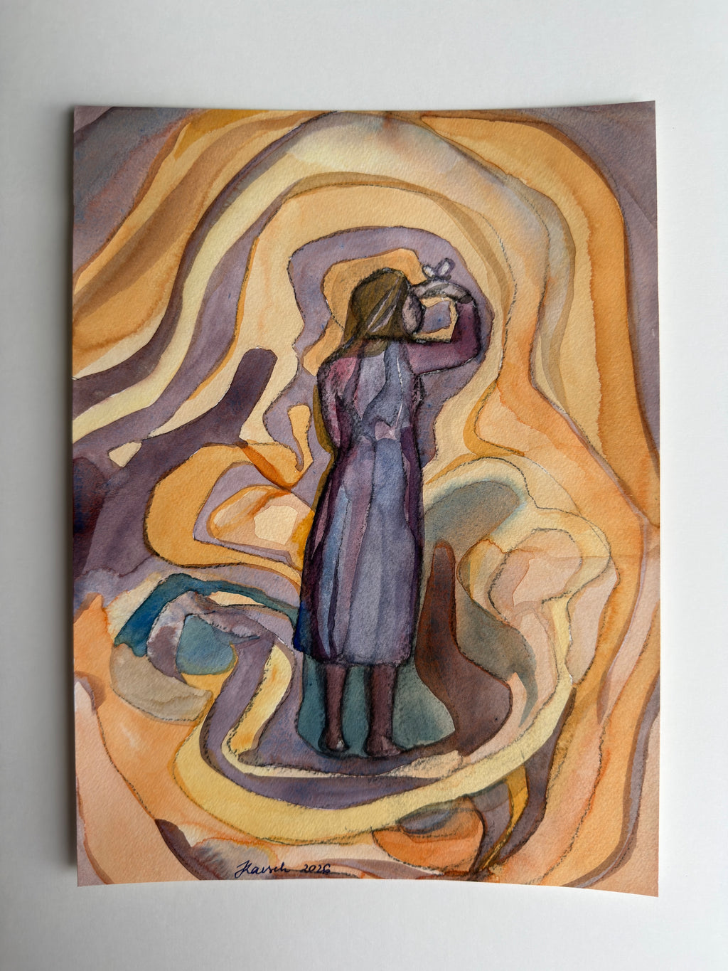 Girl with a Butterfly, charcoal drawing, watercolored original art