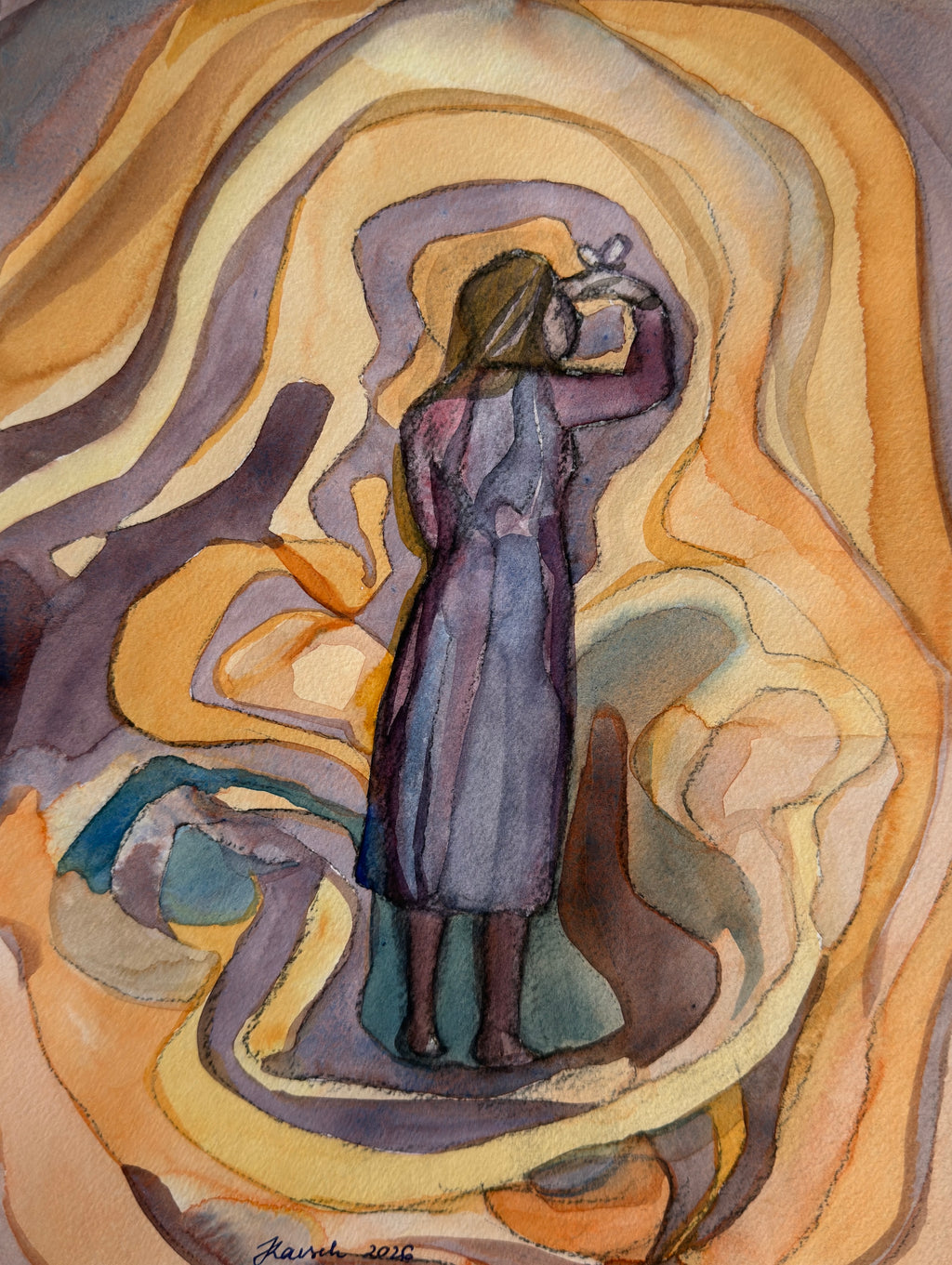 Girl with a Butterfly, charcoal drawing, watercolored original art