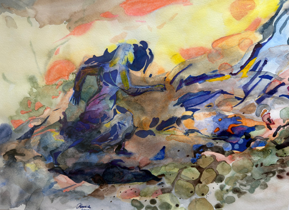 Run, female figure, watercolor & ink on paper, original art