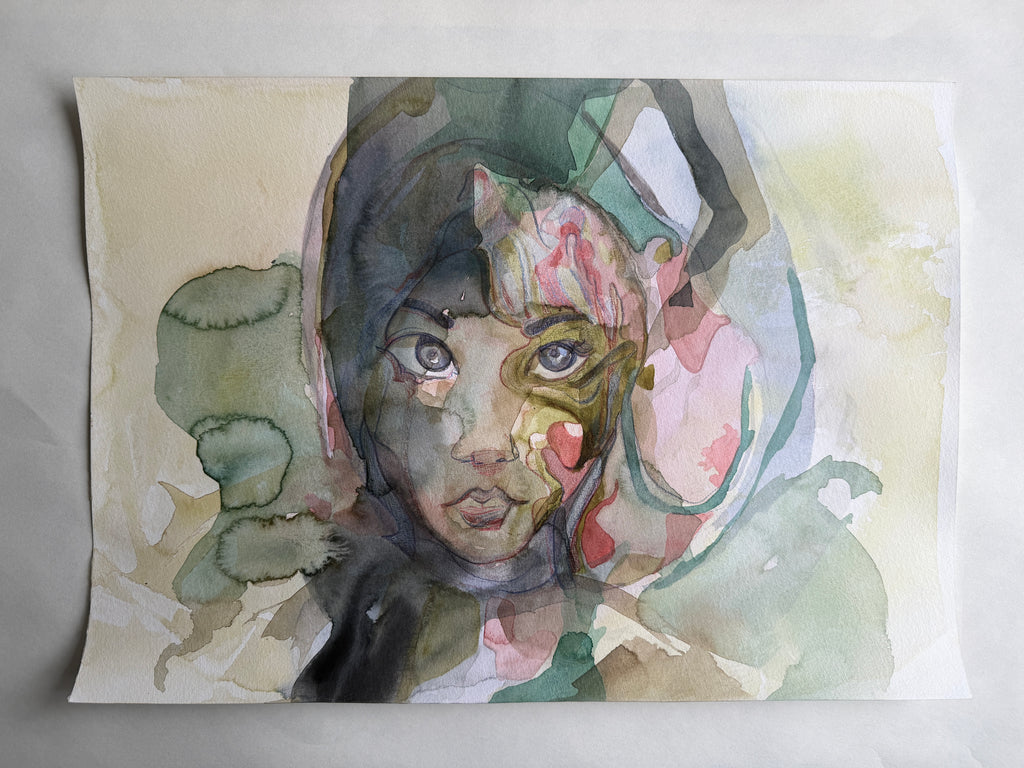 Girl's portrait, pencils and watercolors on paper, original artwork