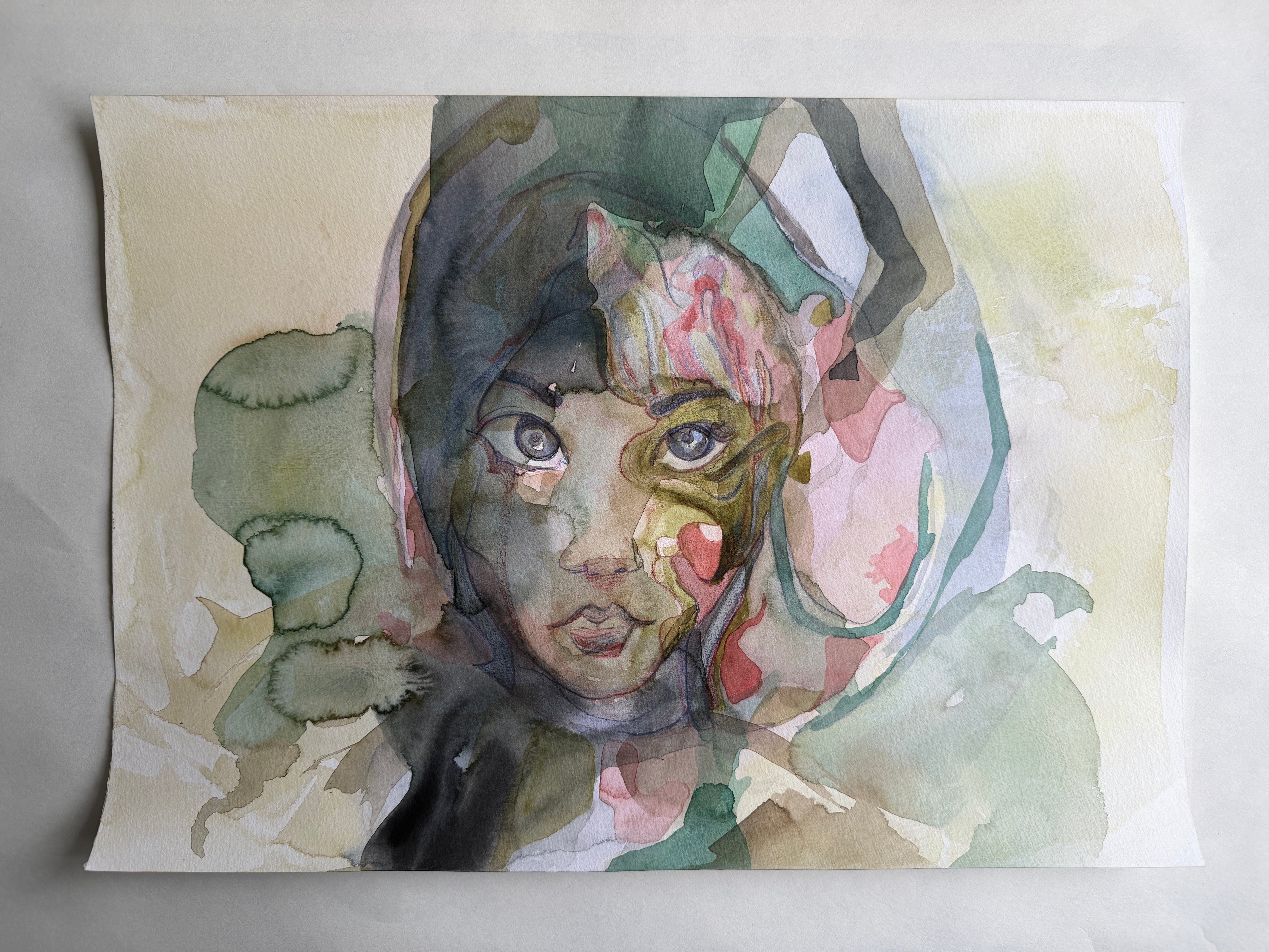 Girl's portrait, pencils and watercolors on paper, original artwork