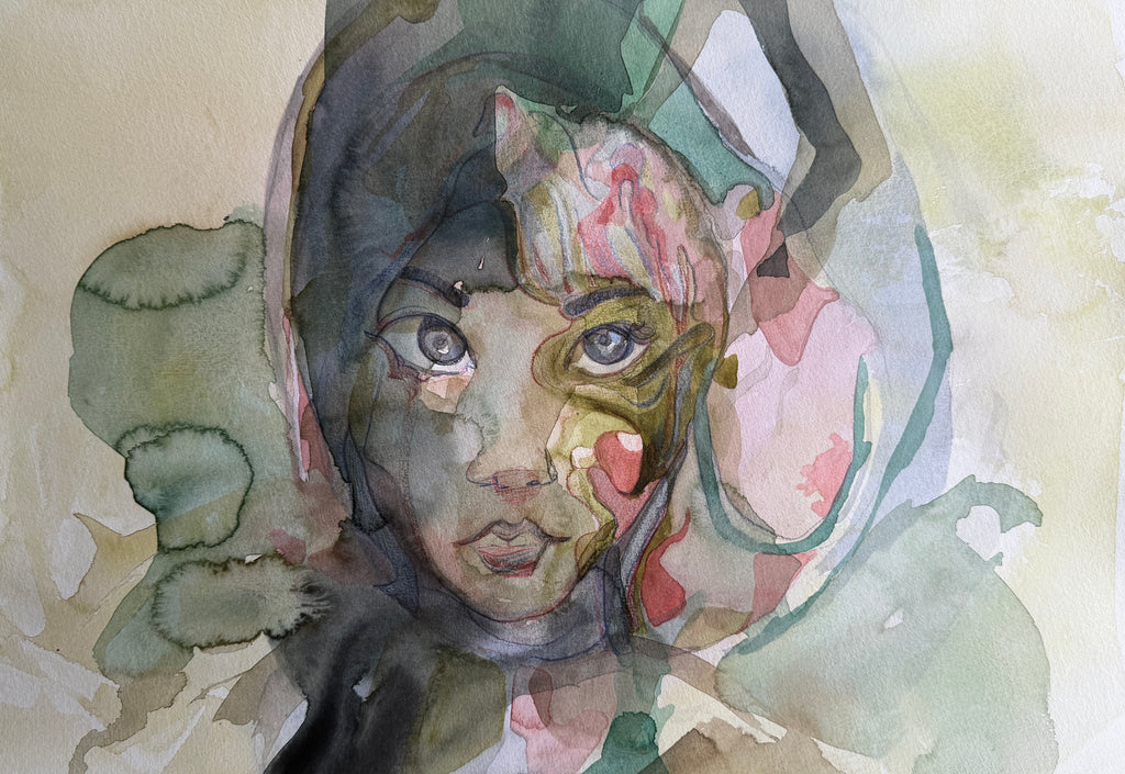 Girl's portrait, pencils and watercolors on paper, original artwork