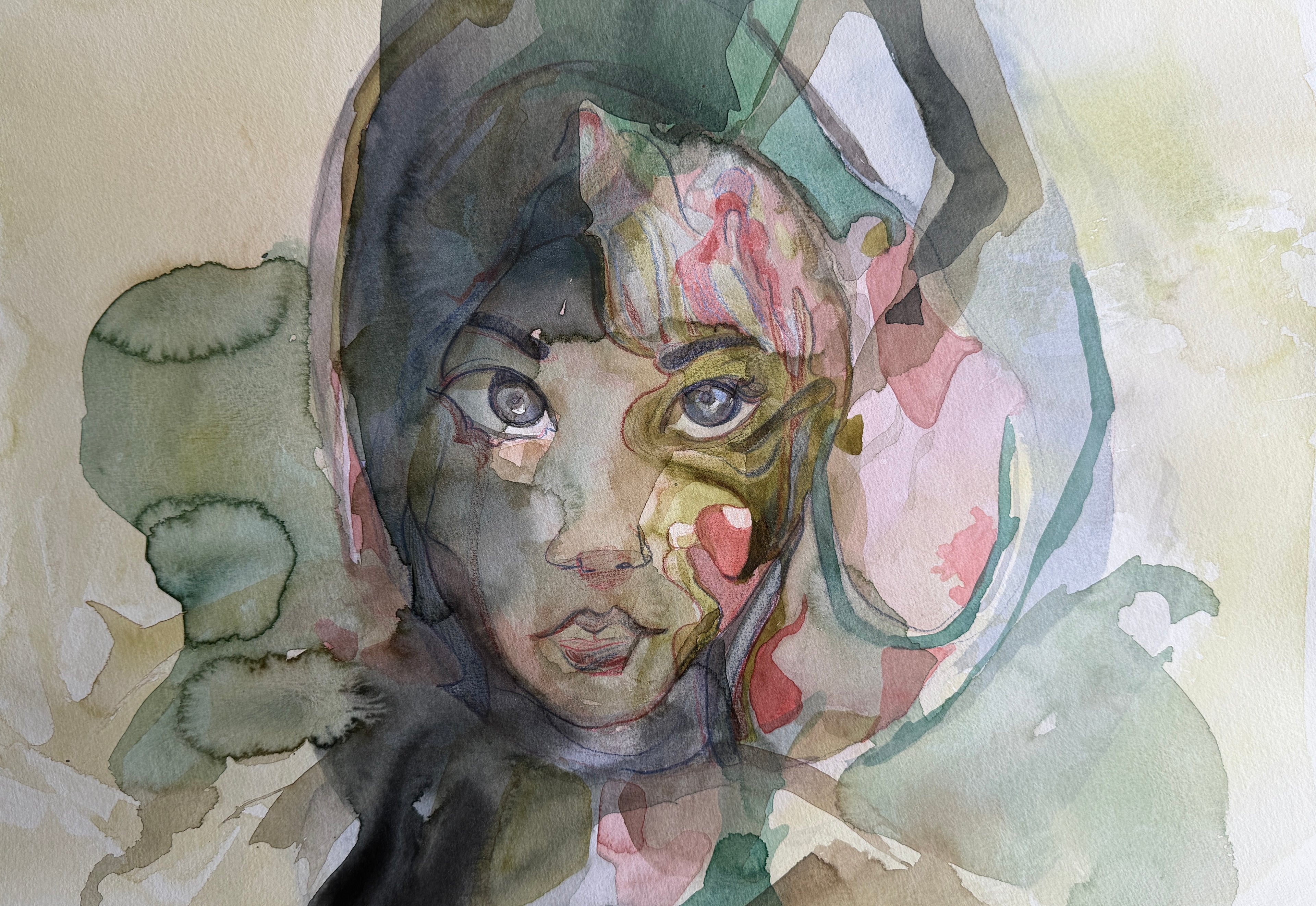 Girl's portrait, pencils and watercolors on paper, original artwork