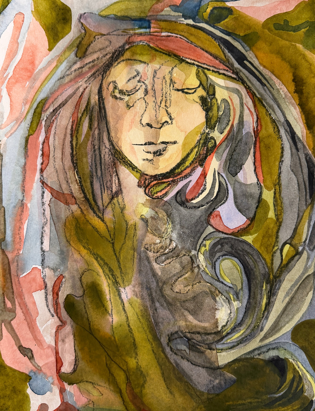 Girl as Ornament, charcoal and watercolors on paper, 32 x 23 cm