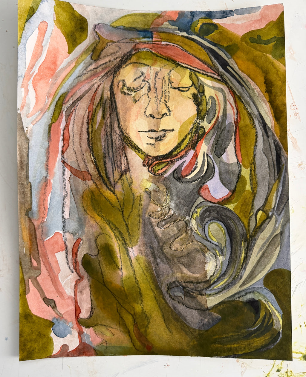 Girl as Ornament, charcoal and watercolors on paper, 32 x 23 cm