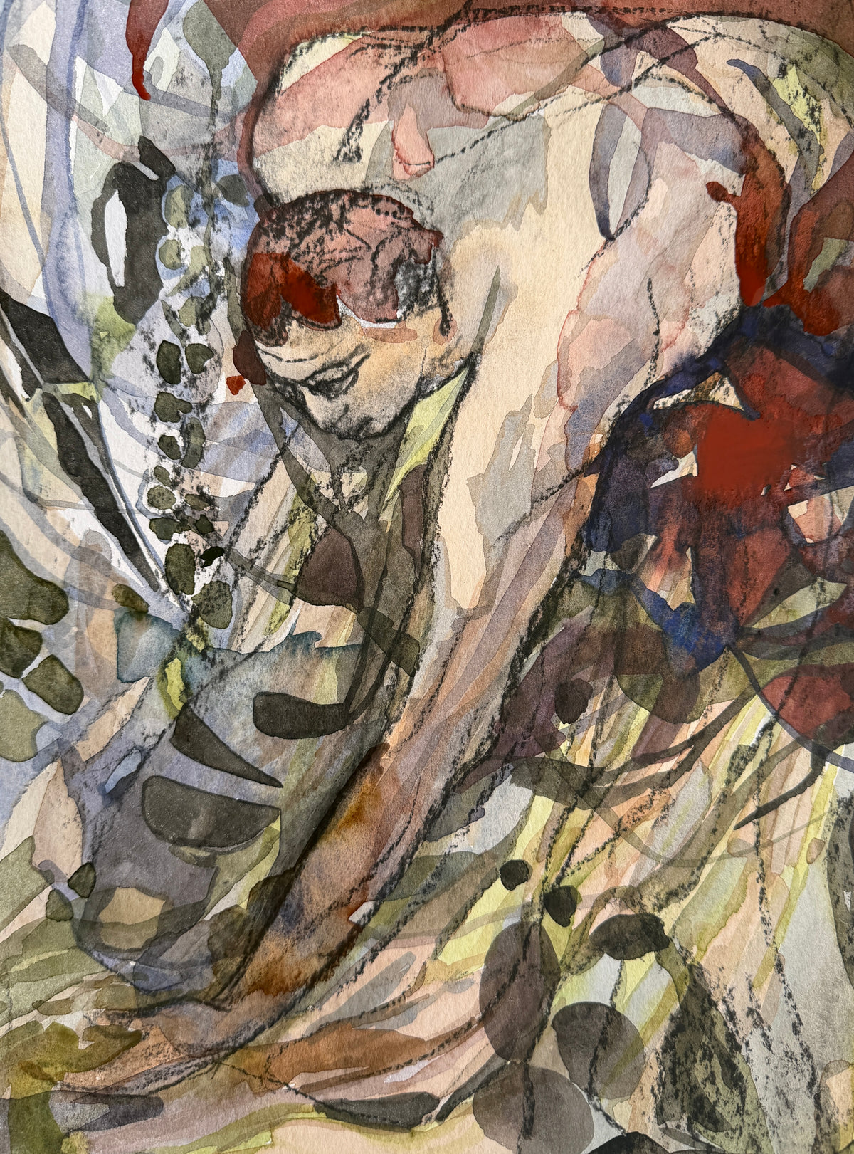 Expressive drawing, charcoal and watercolors on paper, 32 x 23 cm