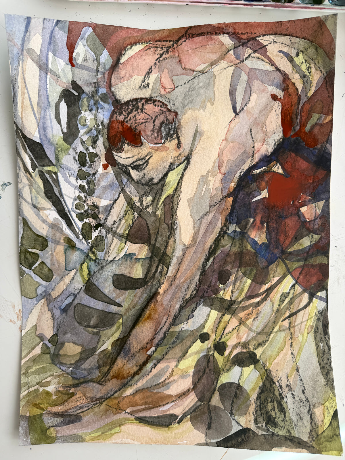 Expressive drawing, charcoal and watercolors on paper, 32 x 23 cm