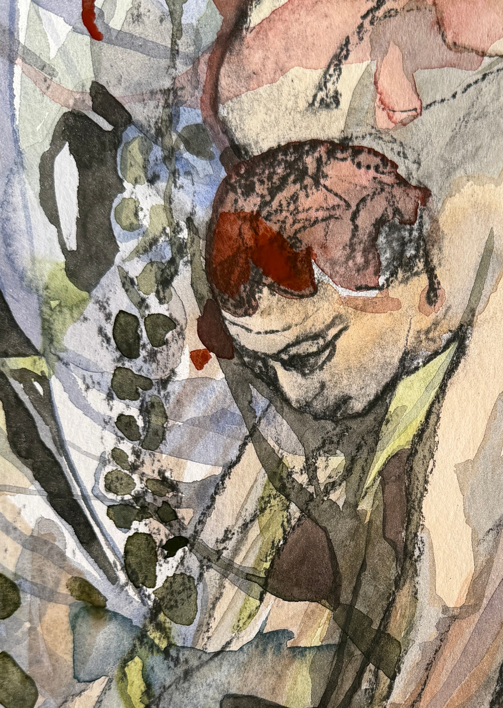 Expressive drawing, charcoal and watercolors on paper, 32 x 23 cm