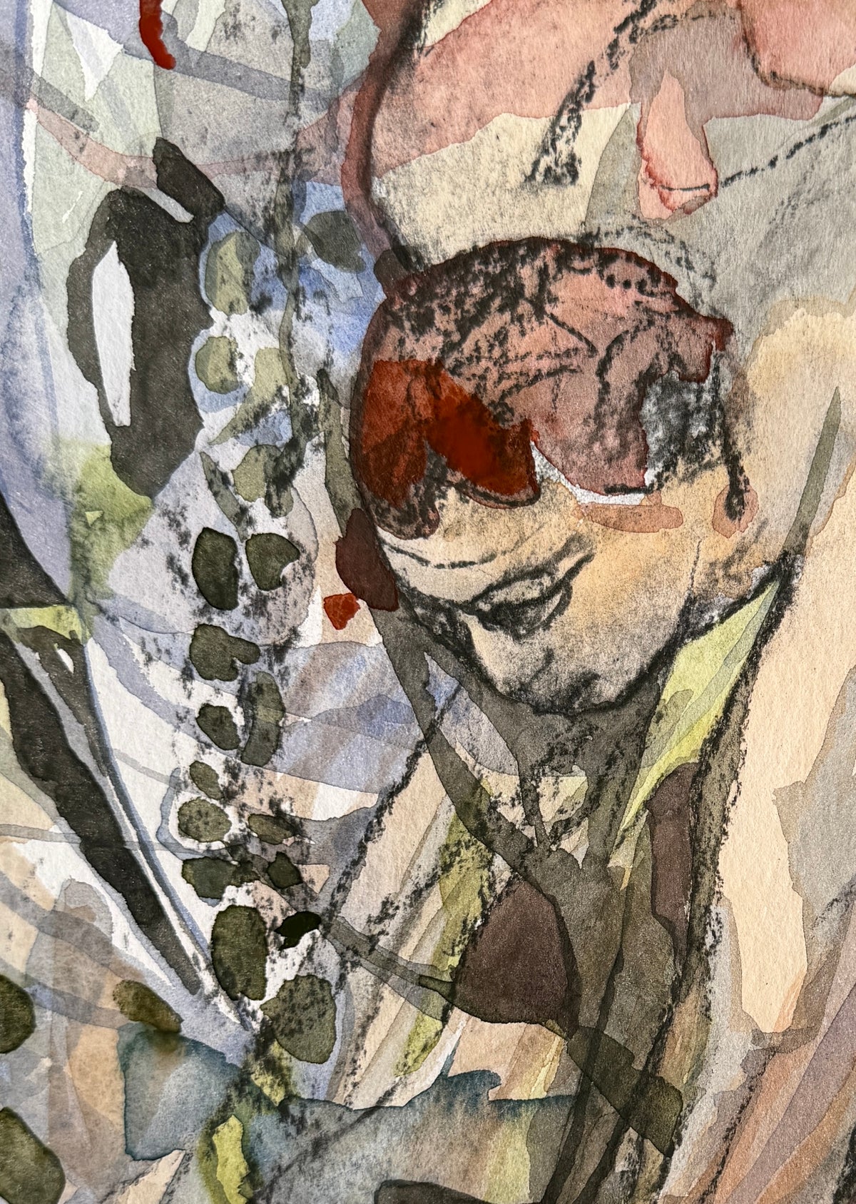 Expressive drawing, charcoal and watercolors on paper, 32 x 23 cm