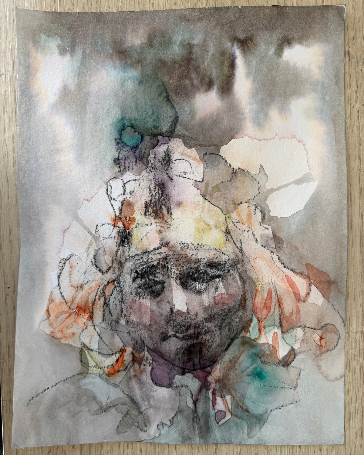 Fool's Portrait, charcoal and watercolor on paper, 32 x 23 cm