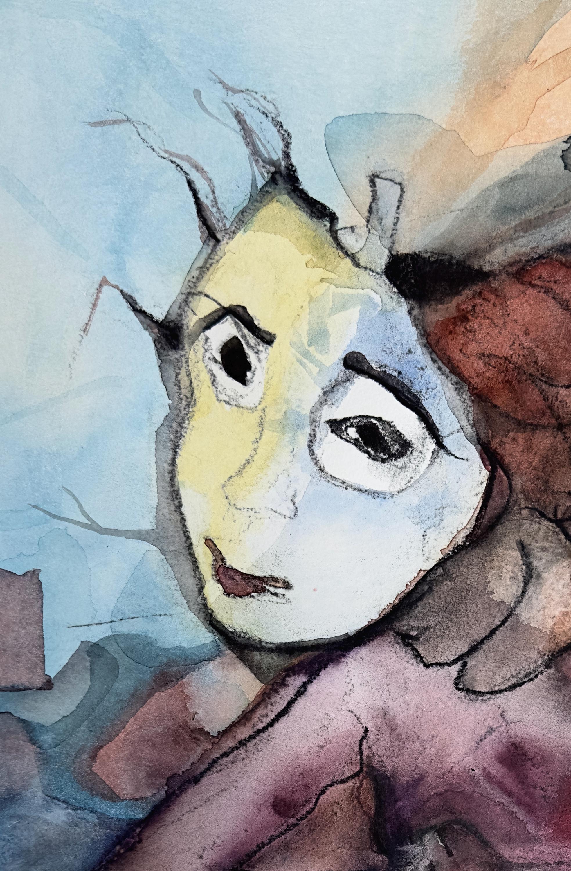 Portrait with Mask, watercolors and charcoal on paper, original art