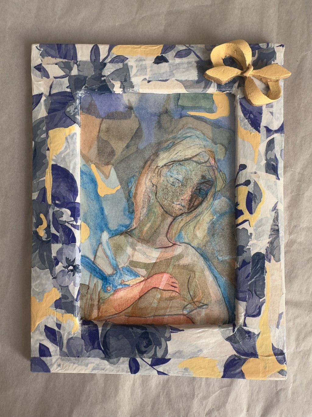 Girl with a Rabitt, small watercolor drawing in a decoupage frame, original
