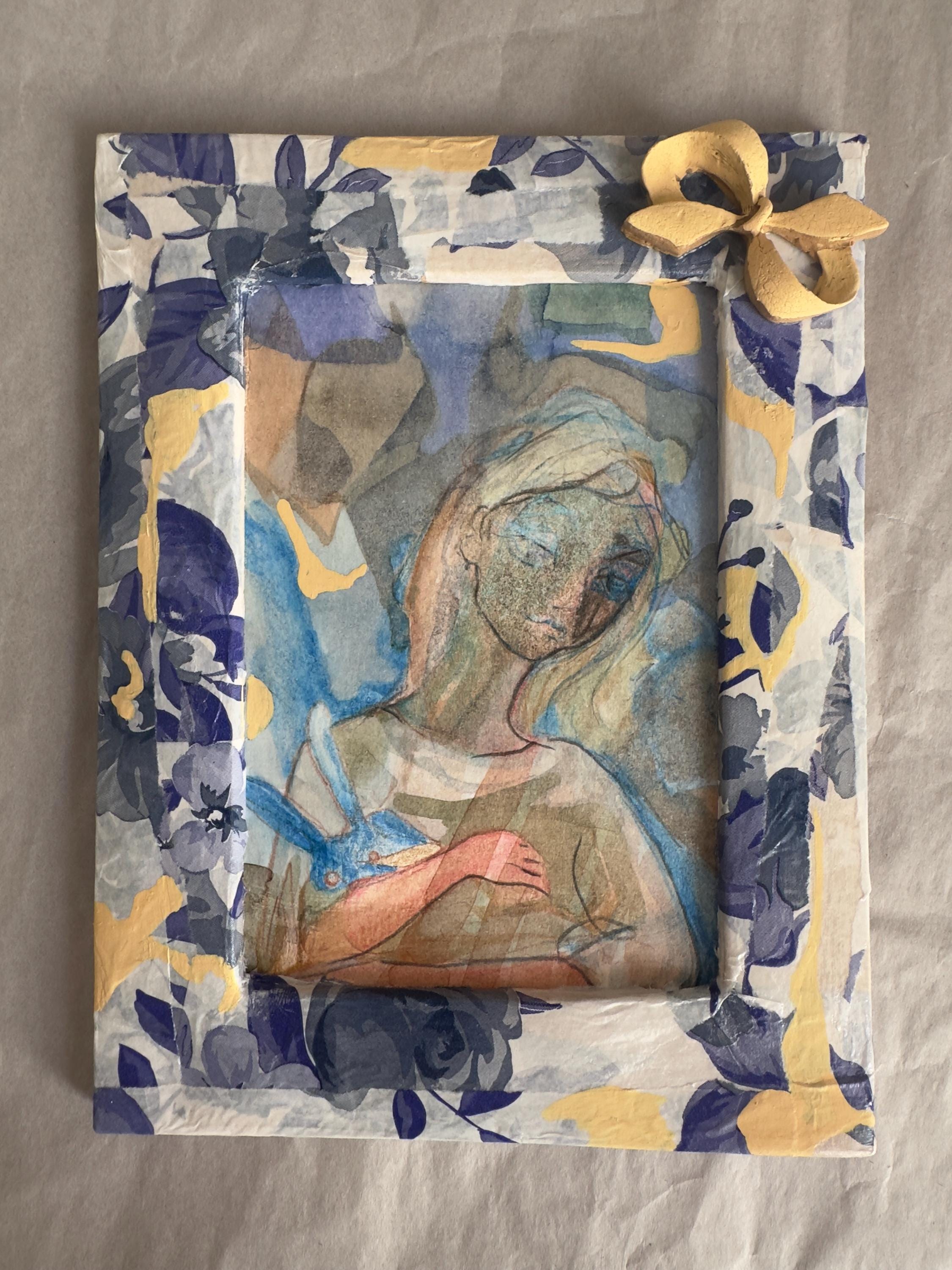 Girl with a Rabitt, small watercolor drawing in a decoupage frame, original